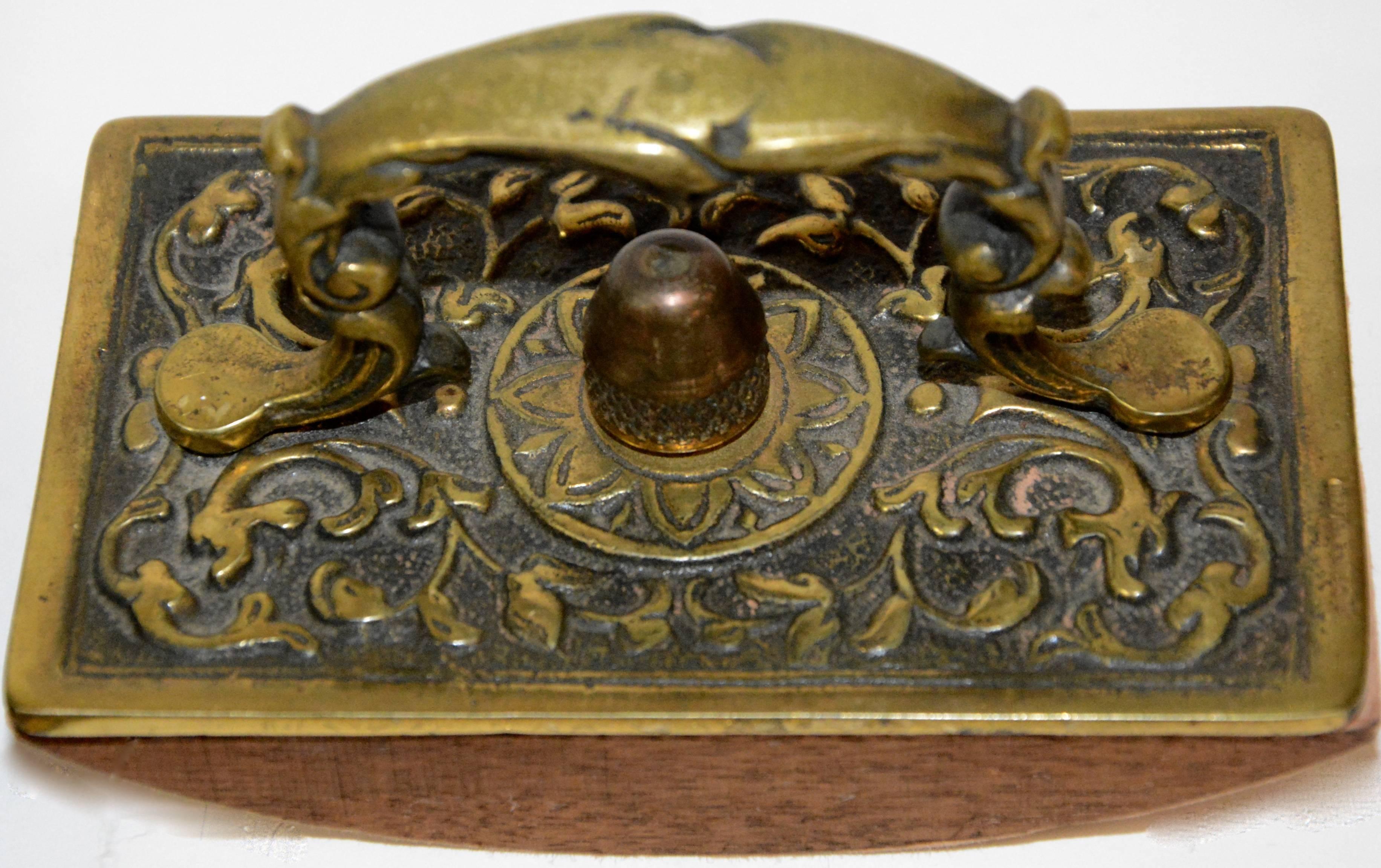 Bronze English Inkwell Set with Rocking Blotter For Sale 2
