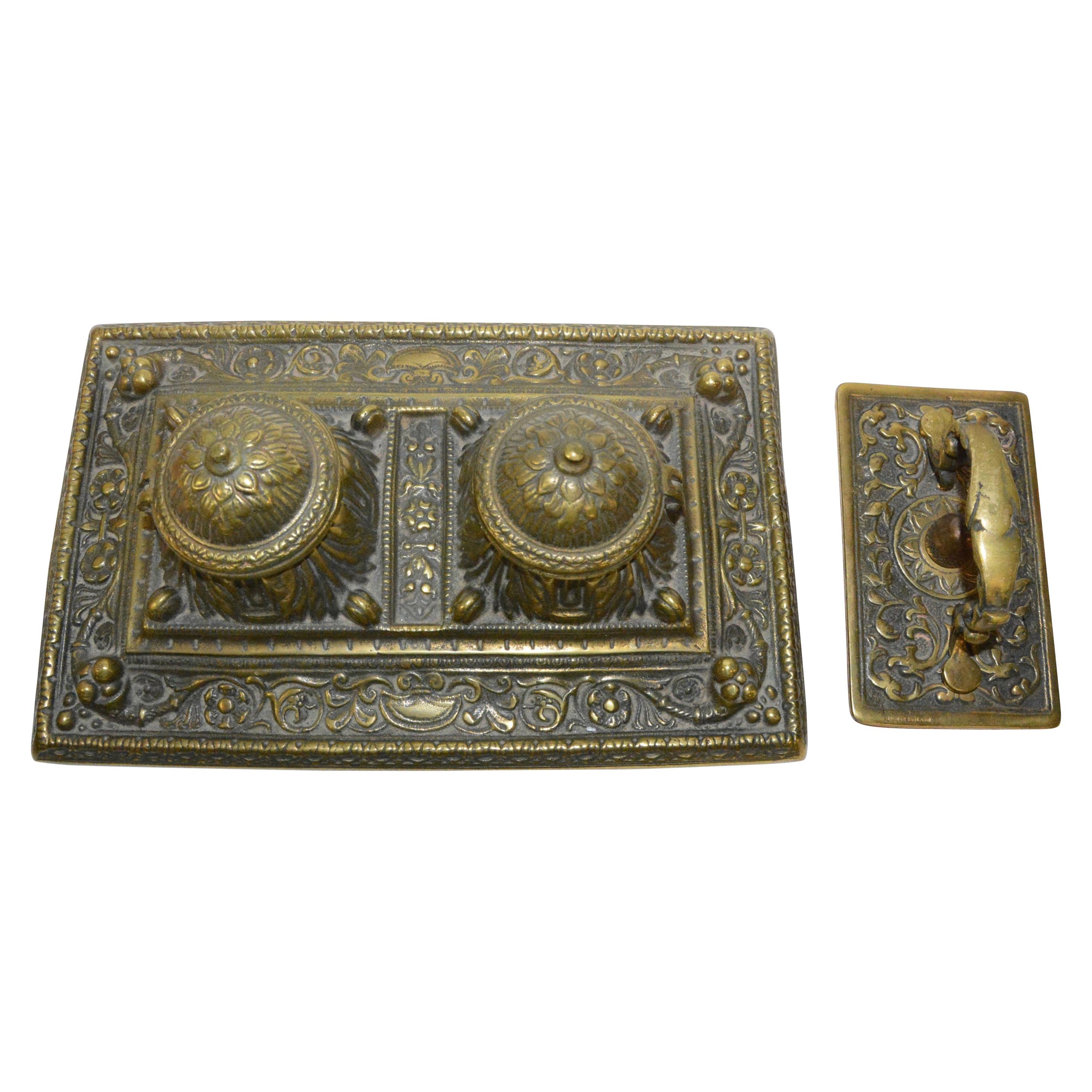 Bronze English Inkwell Set with Rocking Blotter For Sale