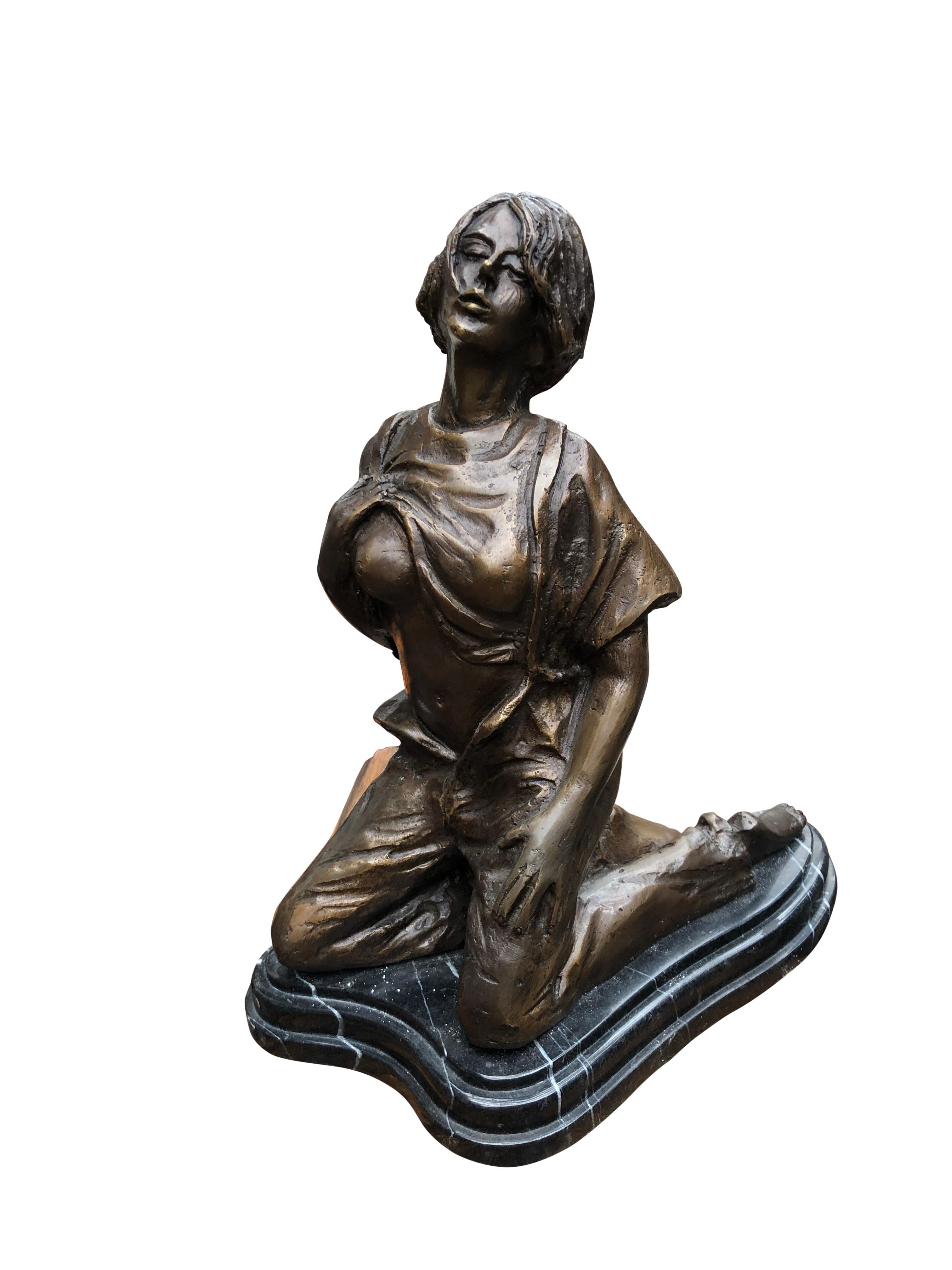 A gorgeous French bronze showing a semi-nude female figurine, 20th century. Wonderful piece of erotic art. Great collectors piece and stands on the black marble base smooth. Offered in Excellent shape.