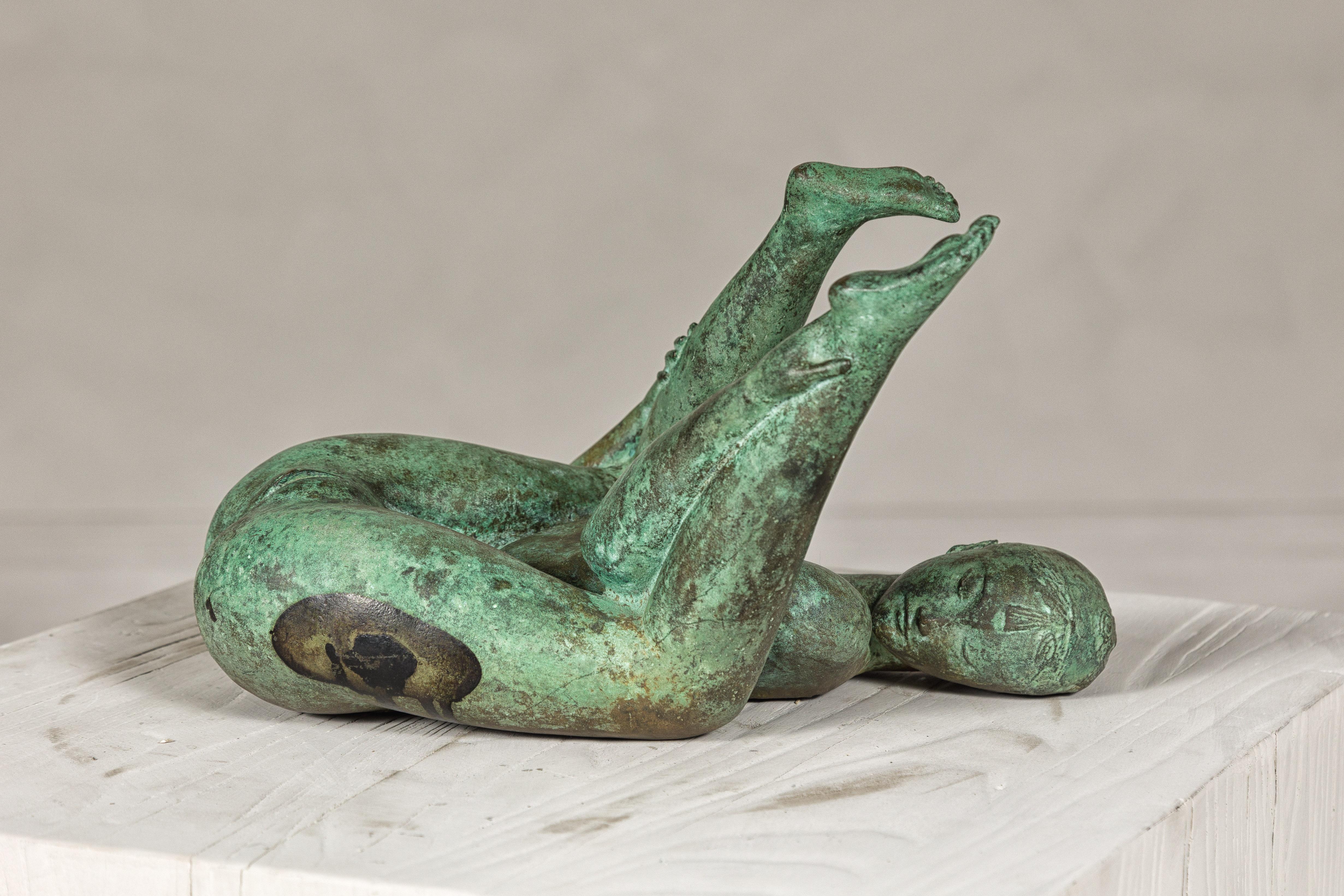 Bronze Erotica Woman Tabletop Statuette with Verdigris Patina, Vintage In Good Condition For Sale In Yonkers, NY