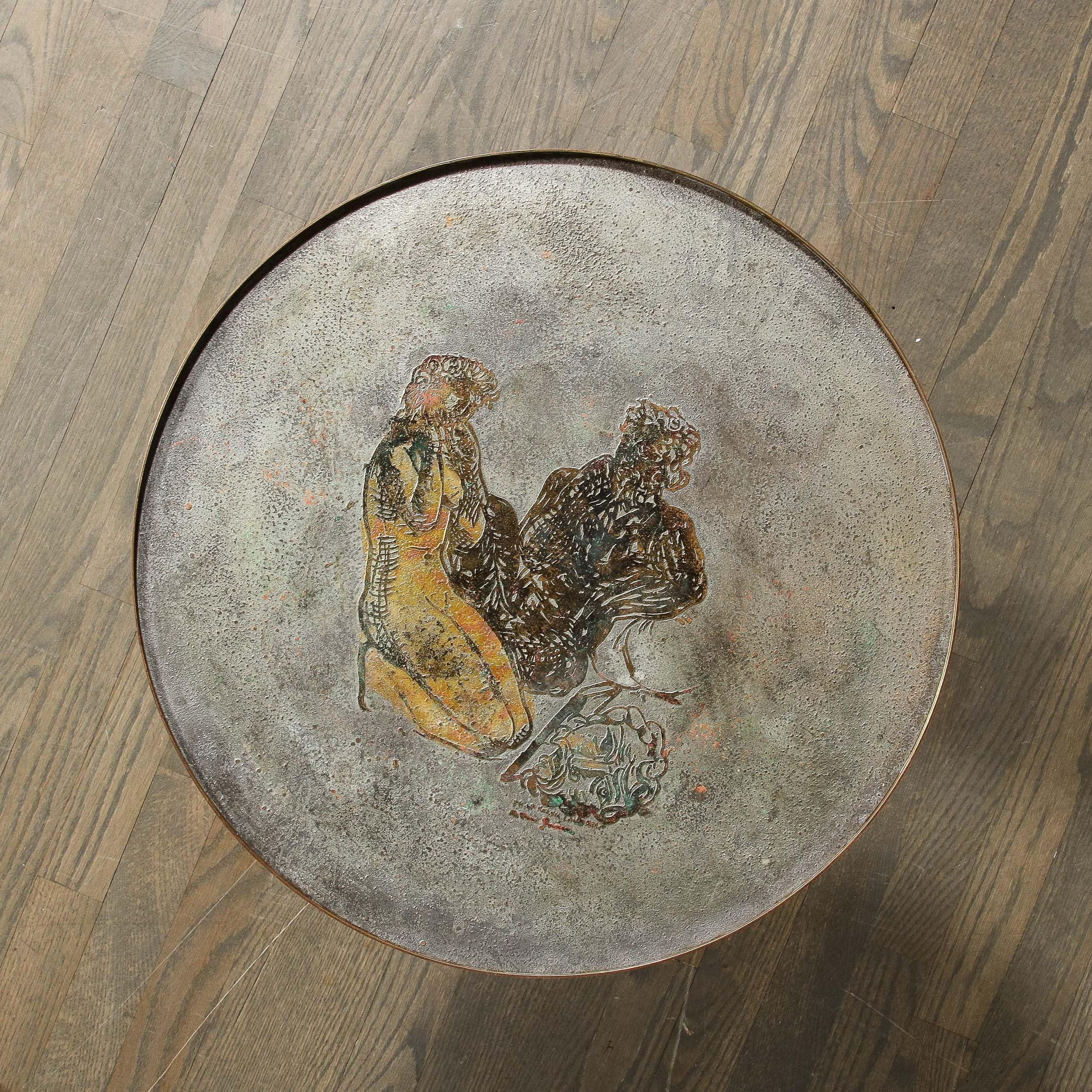 This rare and highly sophisticated Etruscan Side/End Table in Bronze with Silvered Relief Tops After Picasso is signed by Philip and Kelvin Laverne originating from the United States, Circa 1960. Henry and Kelvin Laverne are highly regarded, and