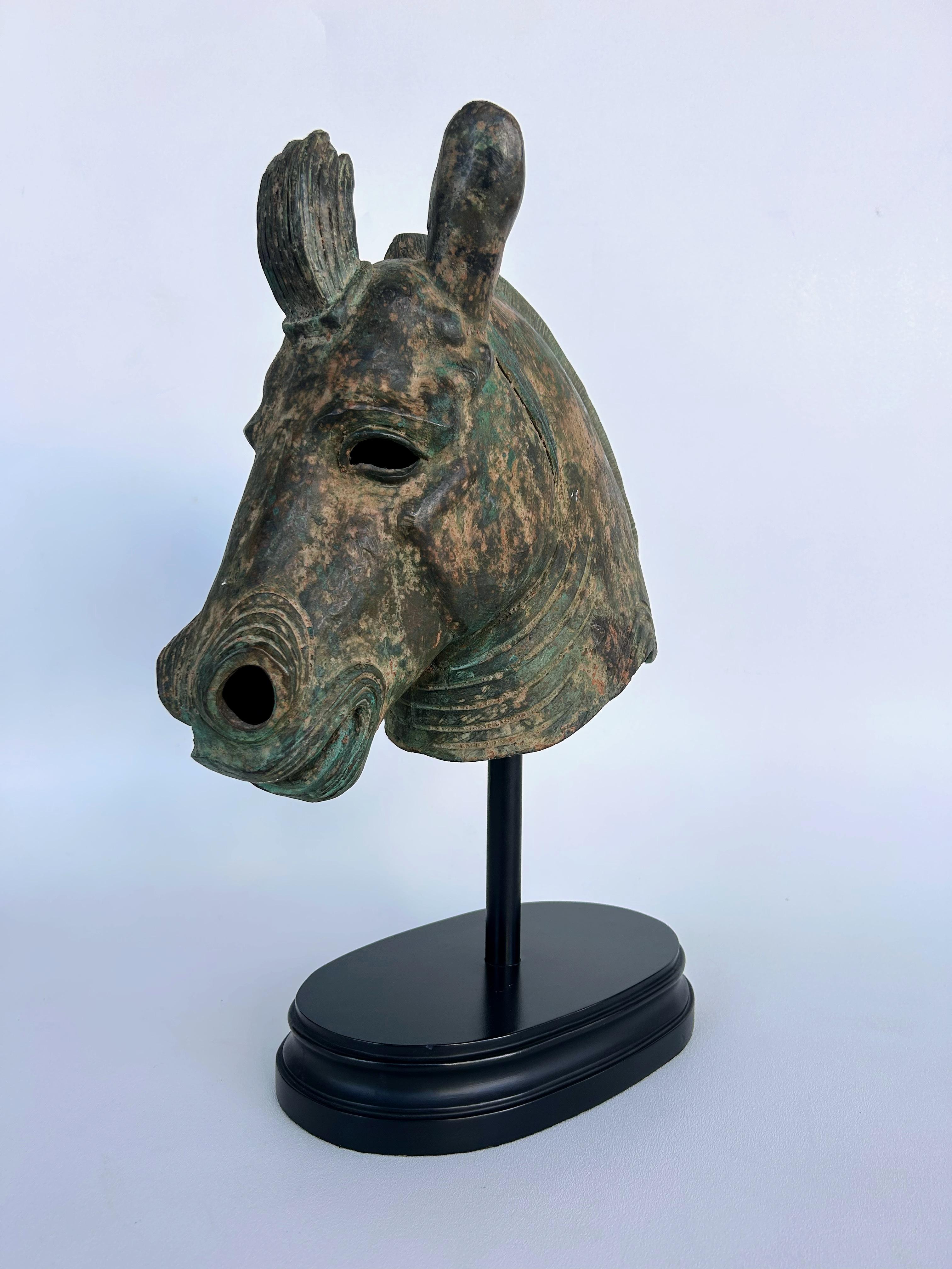 Bronze Etruscan Style Horse Sculpture, Verdigris Finish Raised on an Oval Base In Good Condition In Miami, FL
