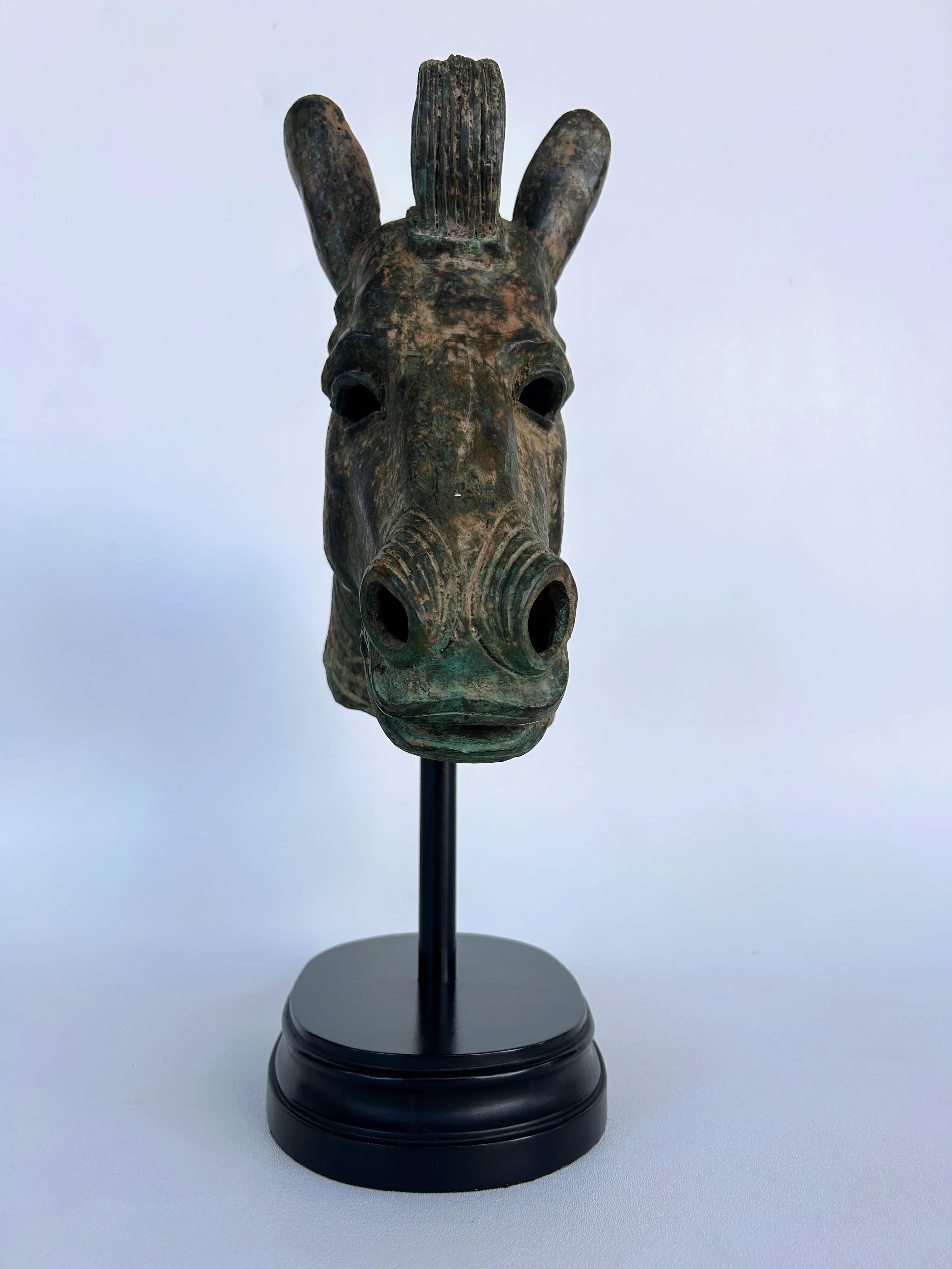 20th Century Bronze Etruscan Style Horse Sculpture, Verdigris Finish Raised on an Oval Base