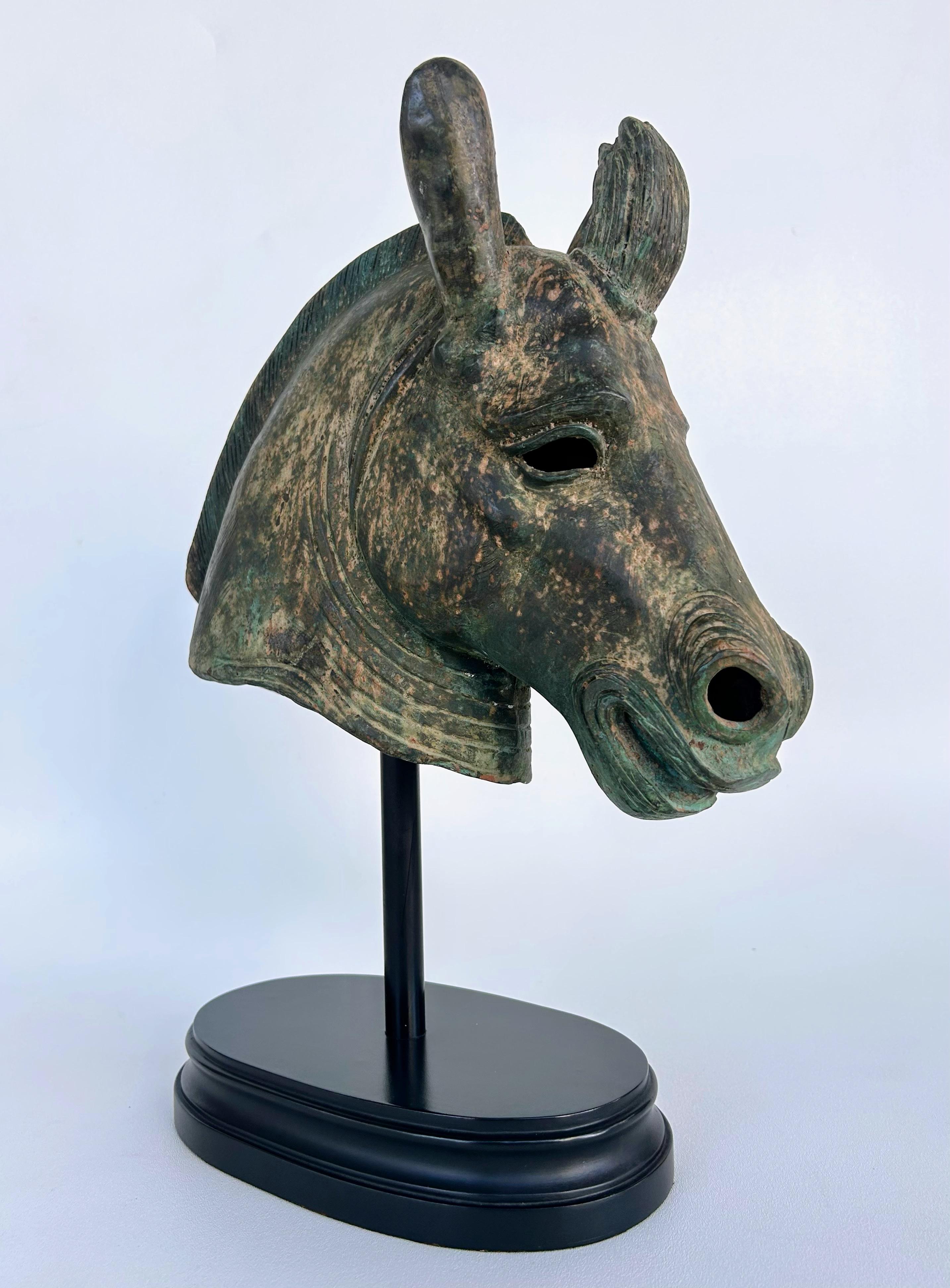Bronze Etruscan Style Horse Sculpture, Verdigris Finish Raised on an Oval Base 1