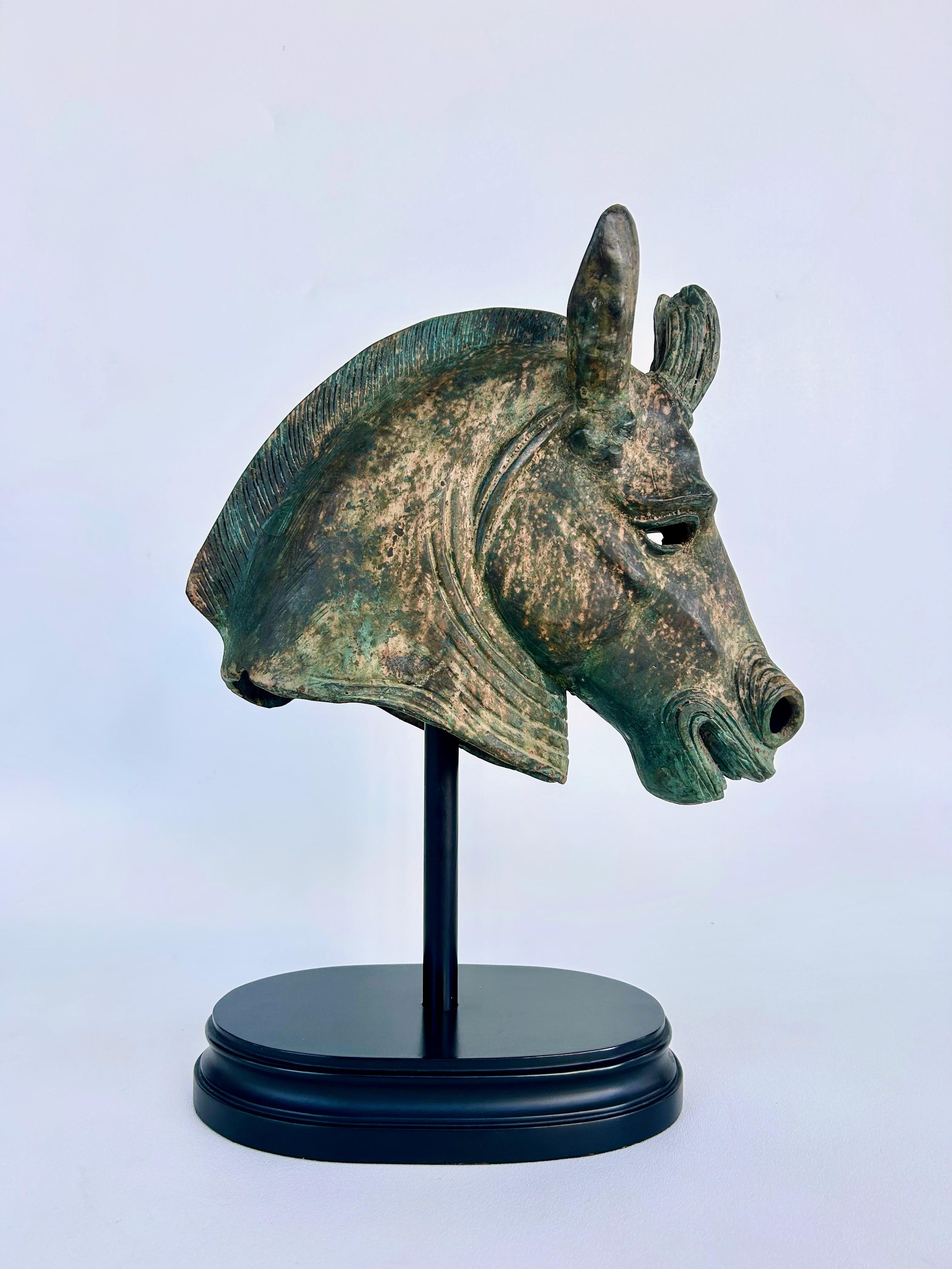 Bronze Etruscan Style Horse Sculpture, Verdigris Finish Raised on an Oval Base 2