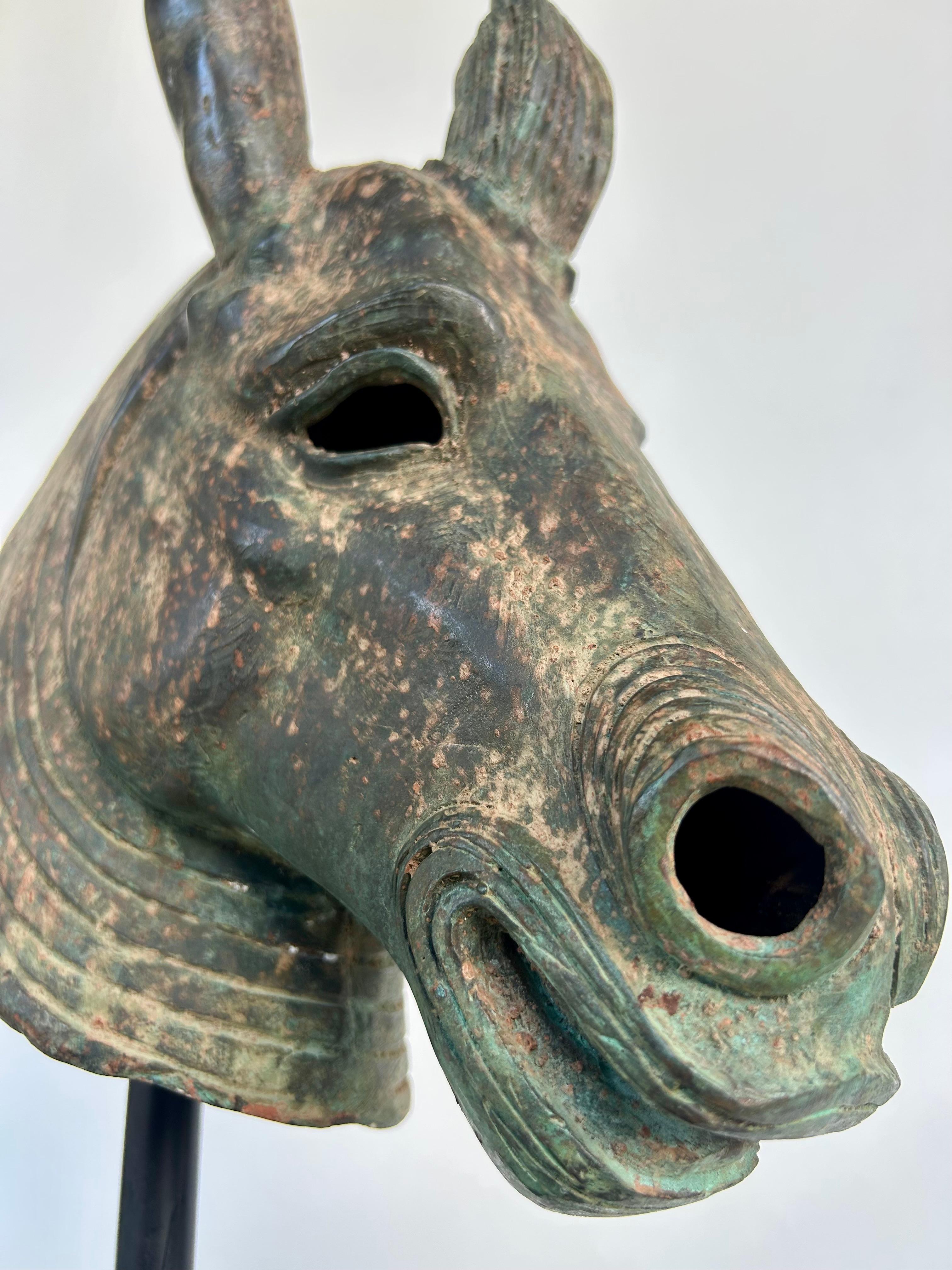 Bronze Etruscan Style Horse Sculpture, Verdigris Finish Raised on an Oval Base 3
