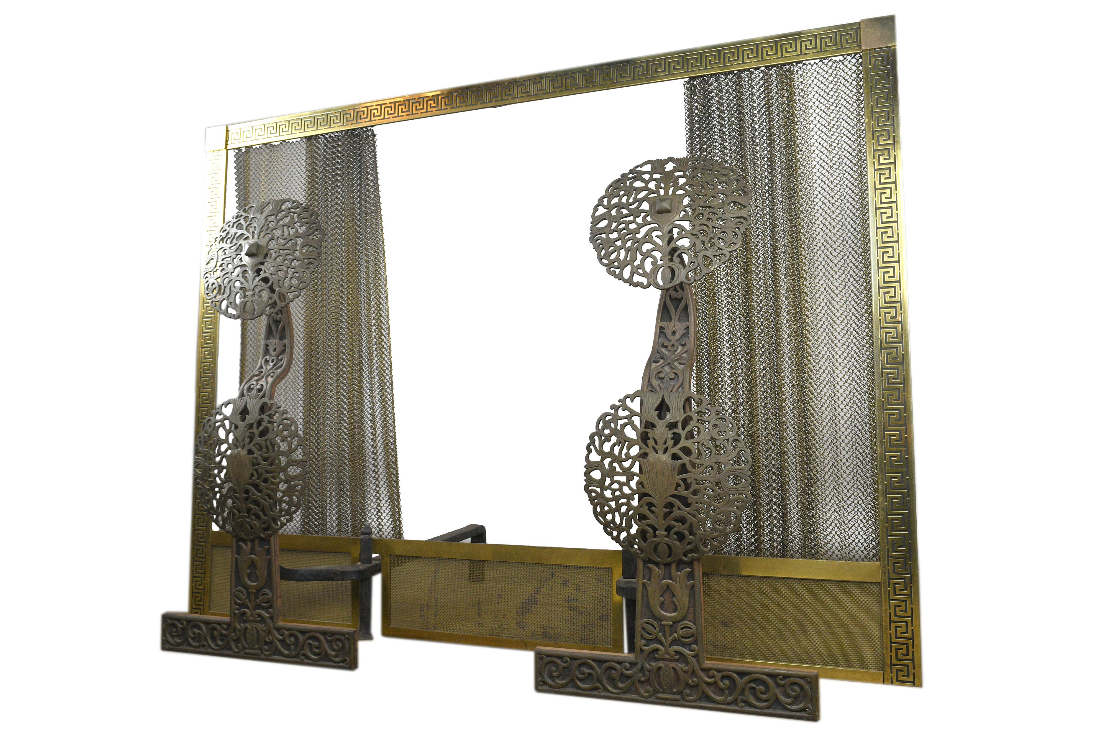 American Bronze Faced Iron Andirons with Screen For Sale