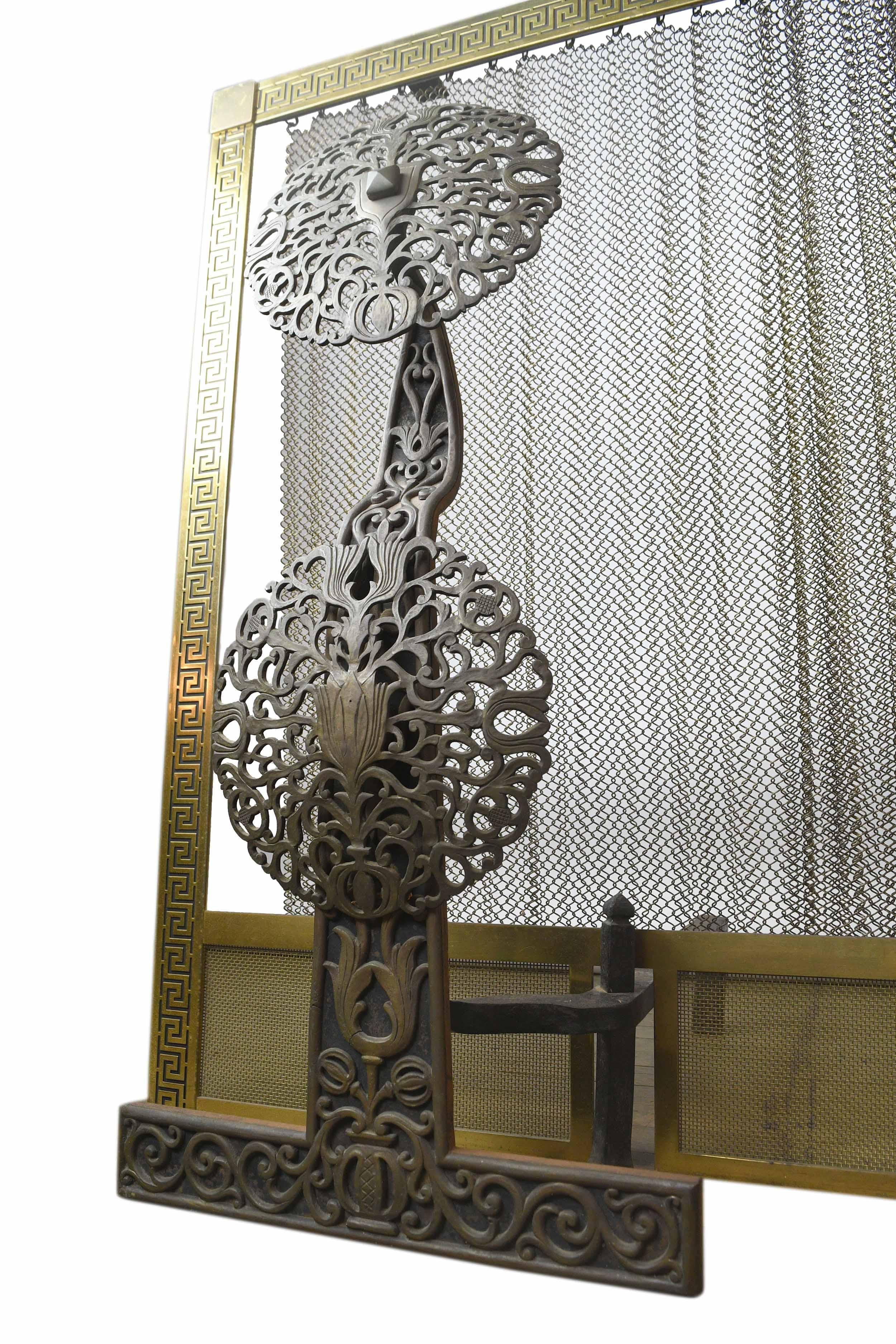 Bronze Faced Iron Andirons with Screen In Good Condition For Sale In Minneapolis, MN