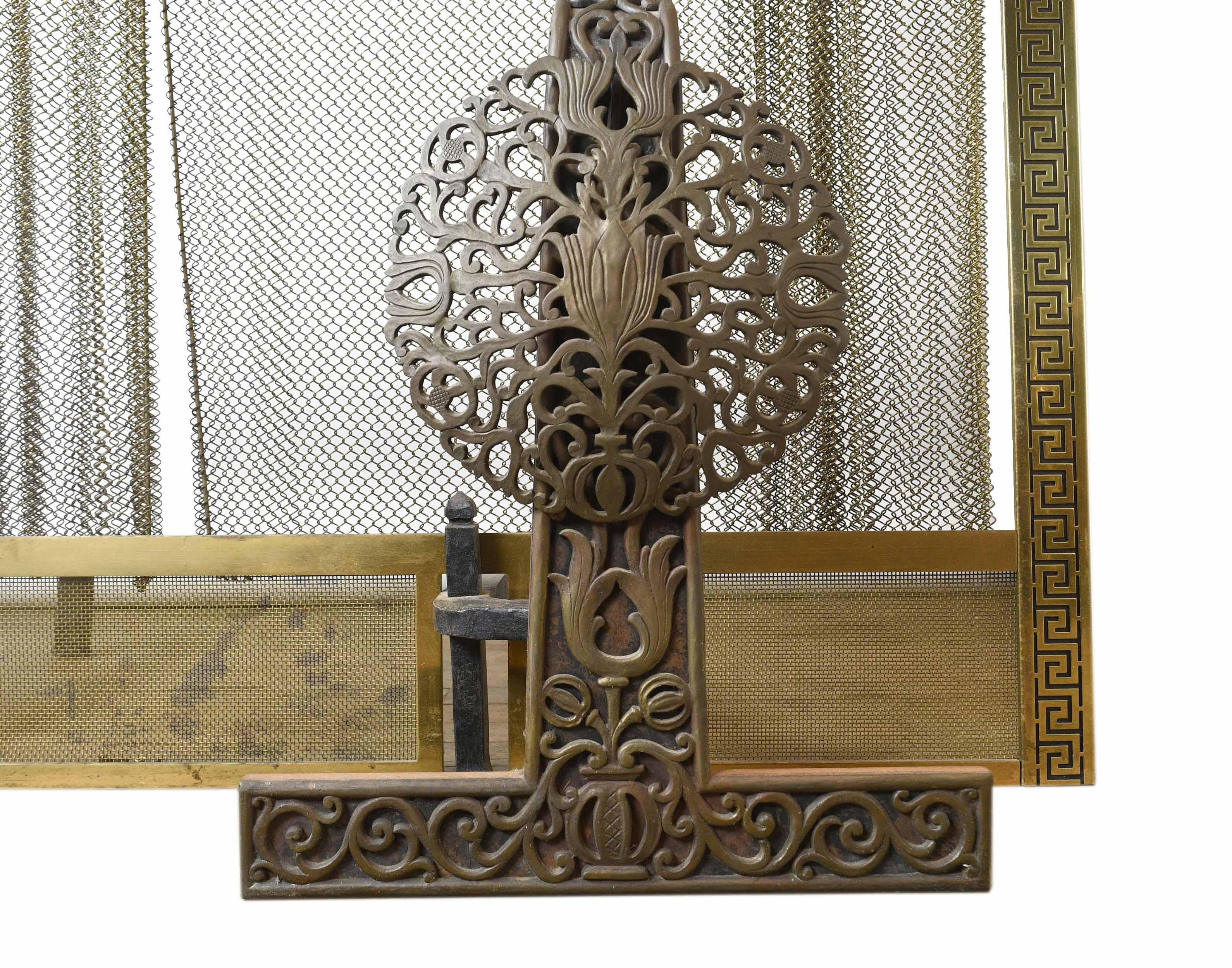 Early 20th Century Bronze Faced Iron Andirons with Screen For Sale