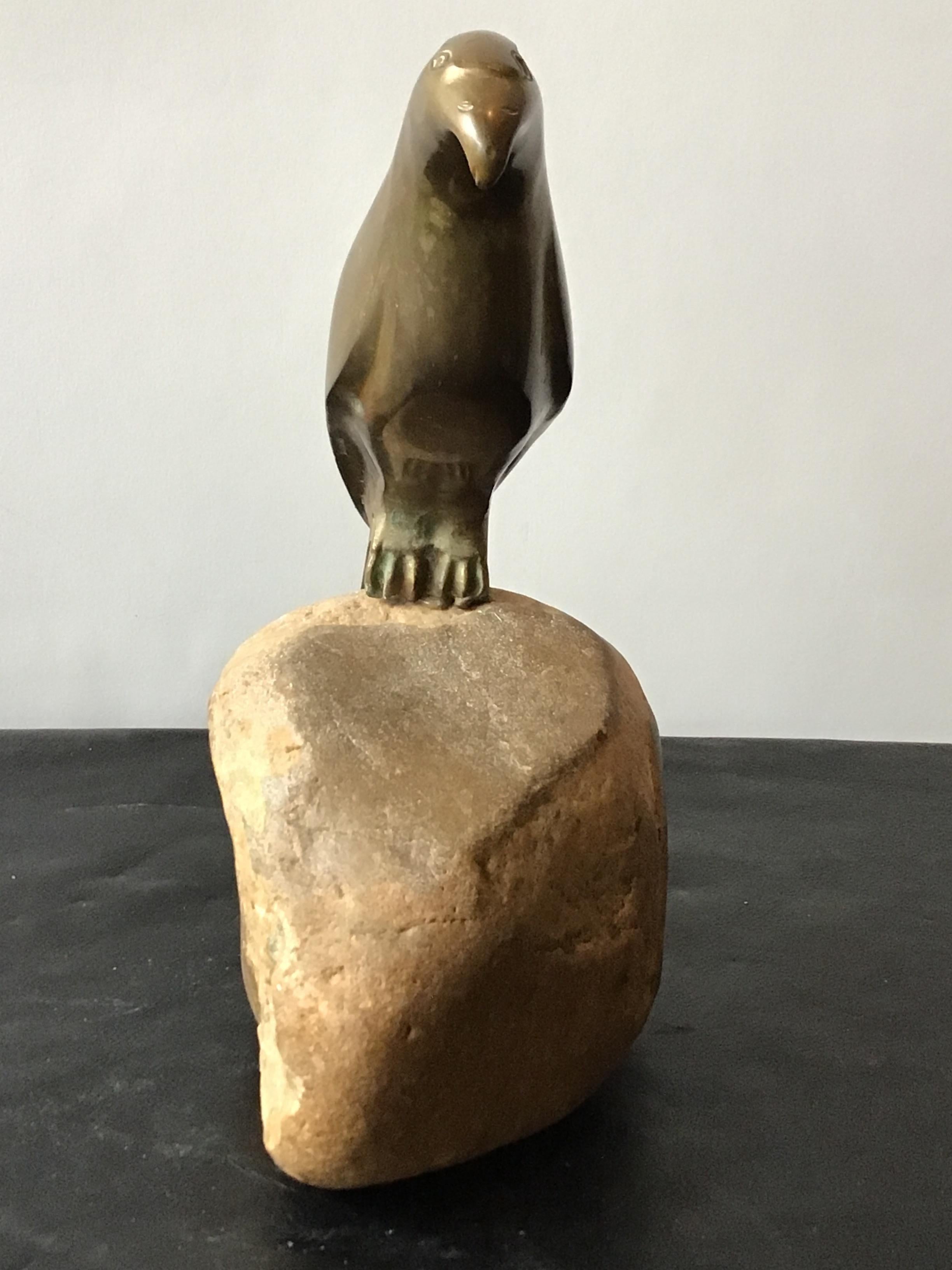 Bronze Falcon Sculpture on Rock In Good Condition For Sale In Tarrytown, NY