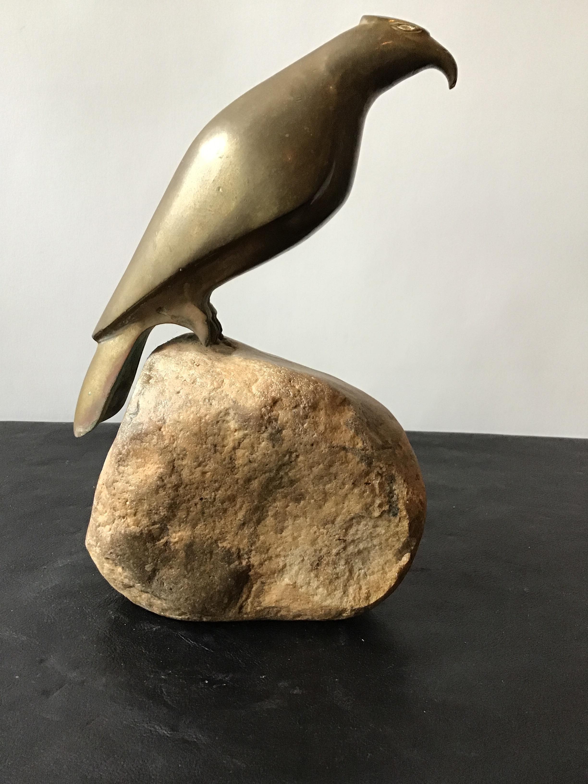 Bronze Falcon Sculpture on Rock 2