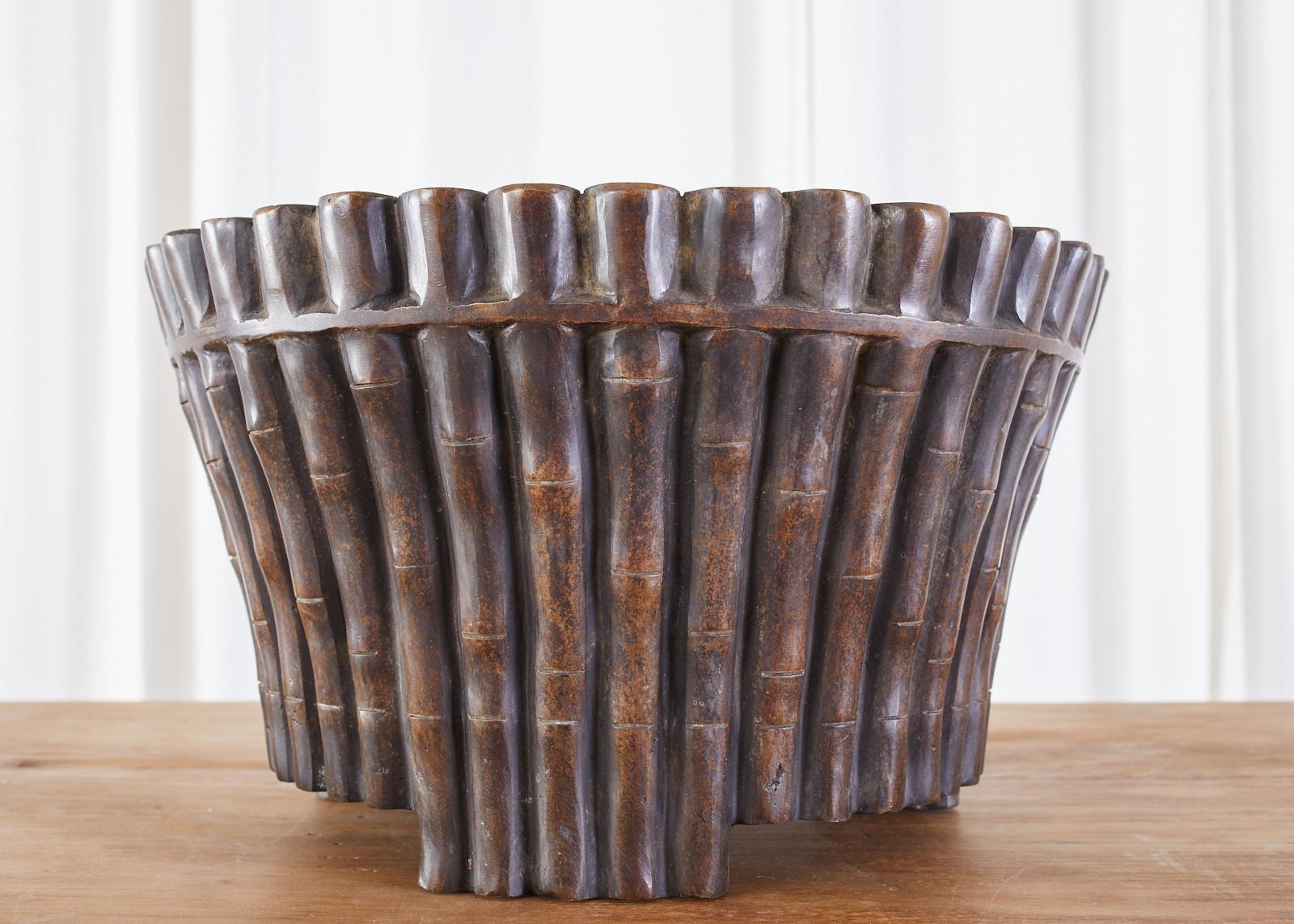 Chinese Bronze Faux Bamboo Garden Jardiniere Planters For Sale