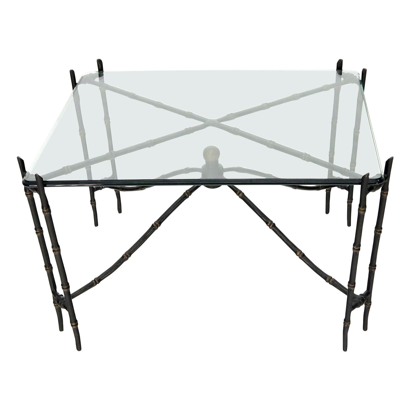 Table basse rectangulaire Bronze Faux Bambou avec plateau en verre