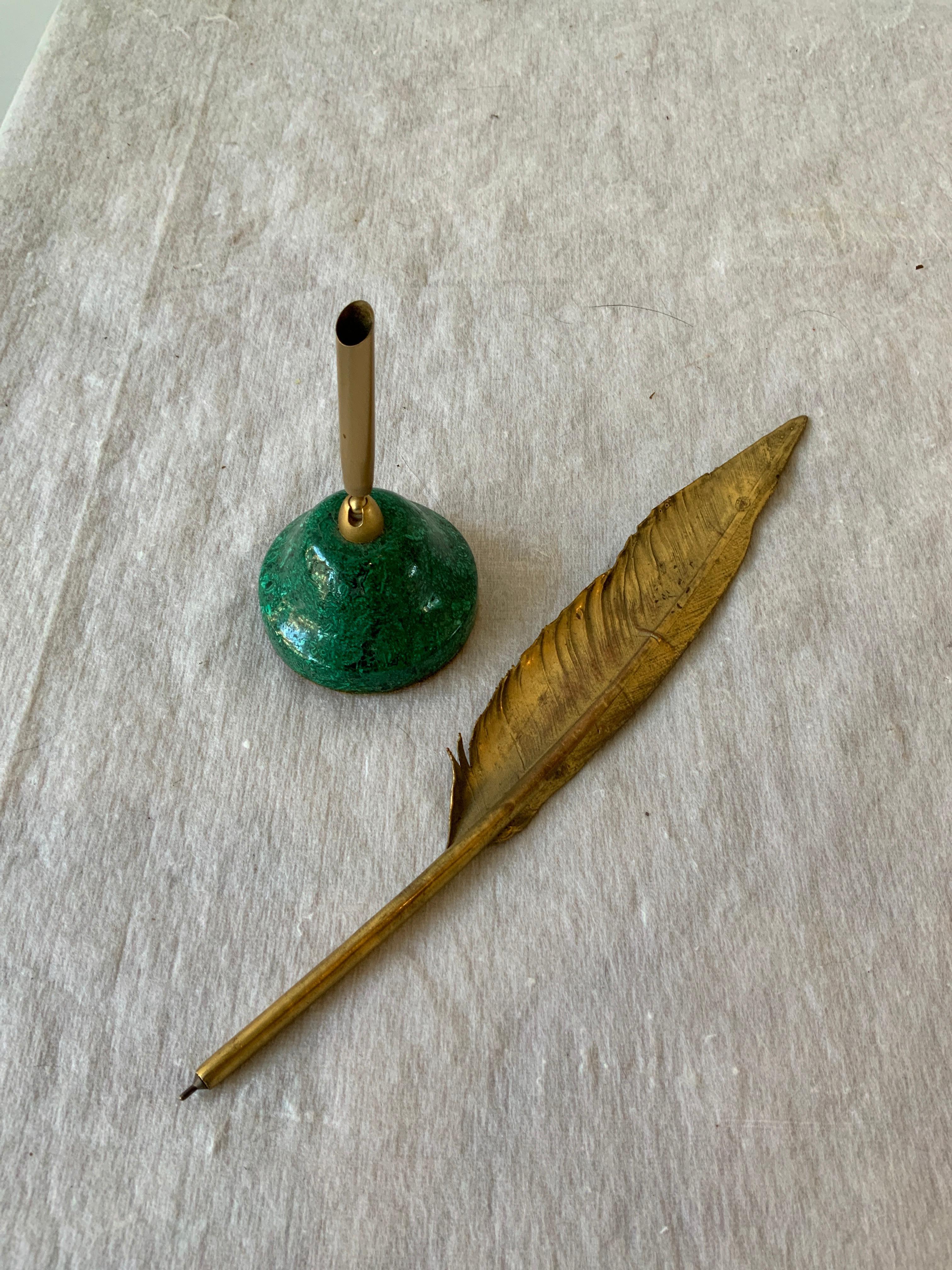 Bronze Feather Pen in Malachite Base In Good Condition In Tarrytown, NY