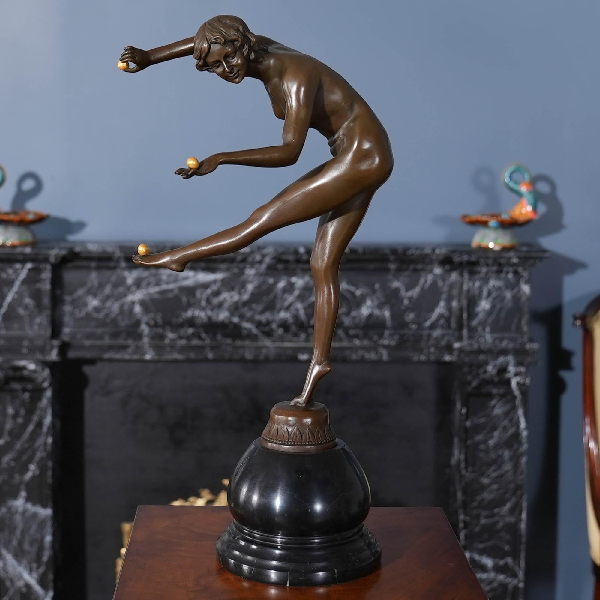 Graceful even when standing still the Bronze Female Acrobat on Marble Base is a striking addition to any setting. Using traditional lost wax casting methods the Bronze Acrobat statue has hand chaised details added to give a high level of detail to
