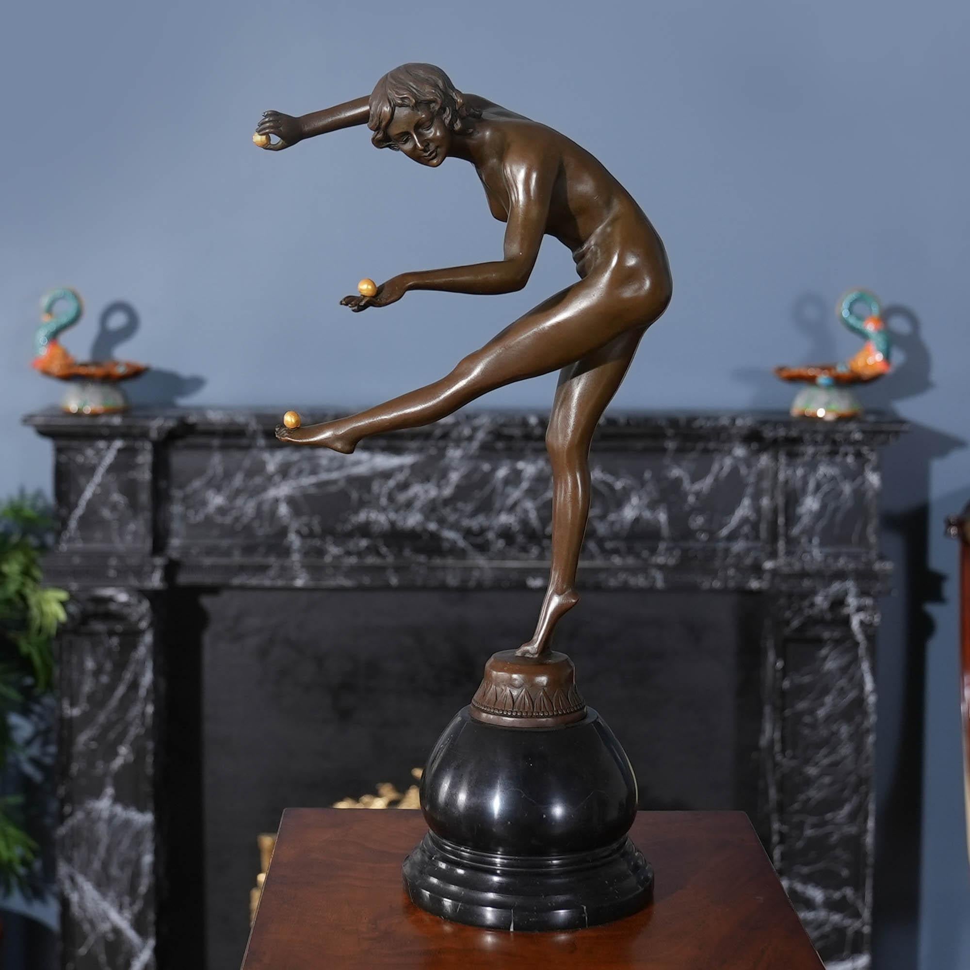 Hand-Crafted Bronze Female Acrobat on Marble Base For Sale