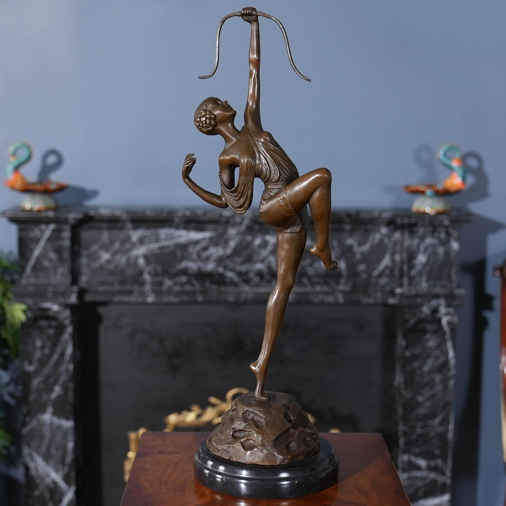 Hand-Crafted Bronze Female Archer on Marble Base For Sale