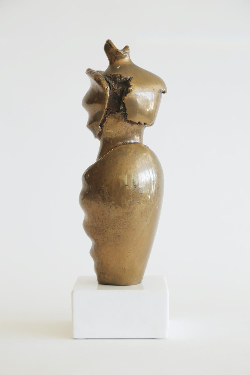 Modern Bronze Female Draped Sculpture on White Marble Base Vintage