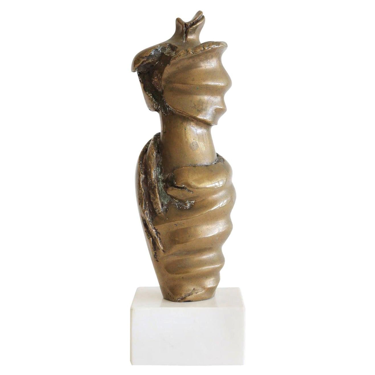 Bronze Female Draped Sculpture on White Marble Base Vintage