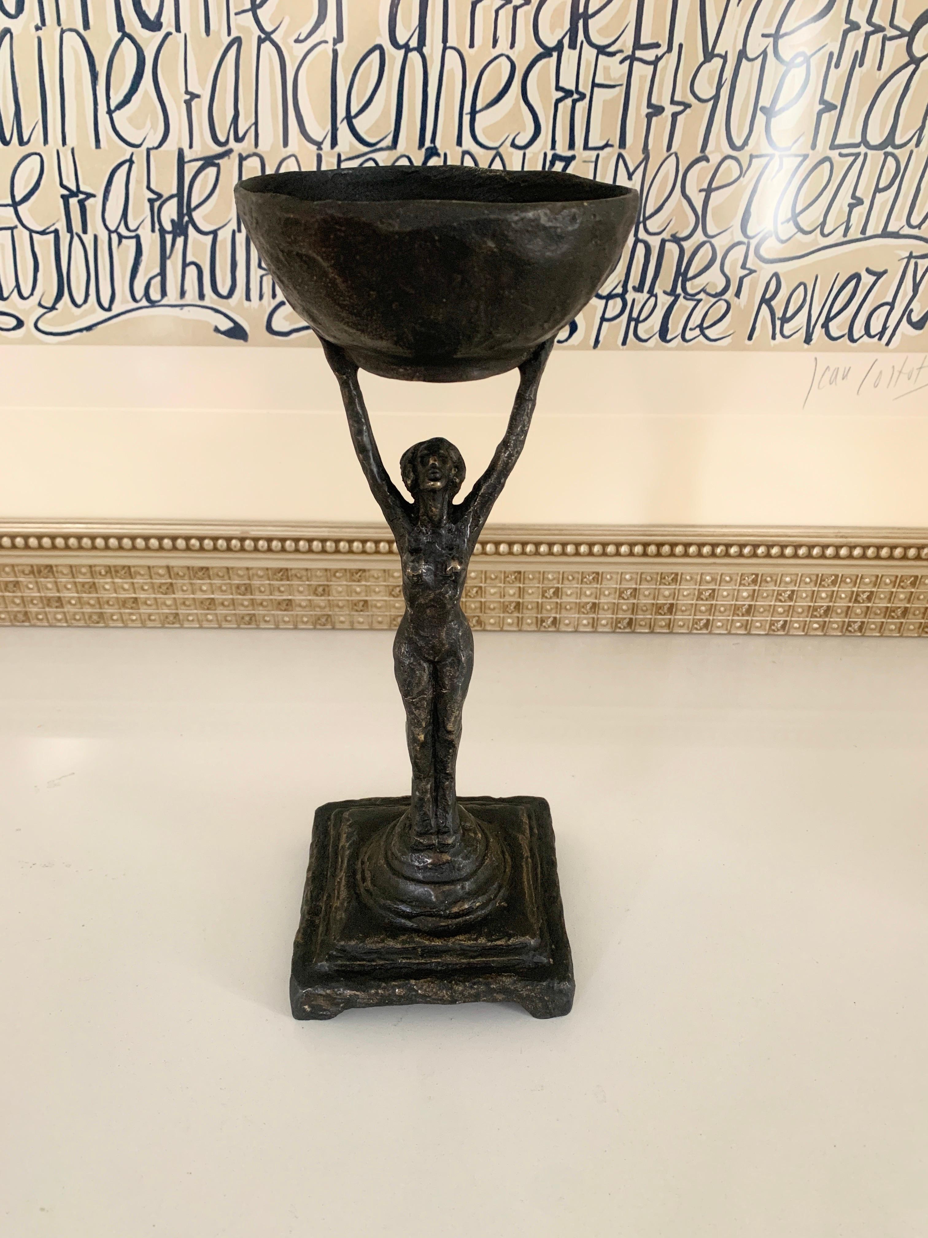 French Bronze Deco Female Figure Holding a Cup For Sale