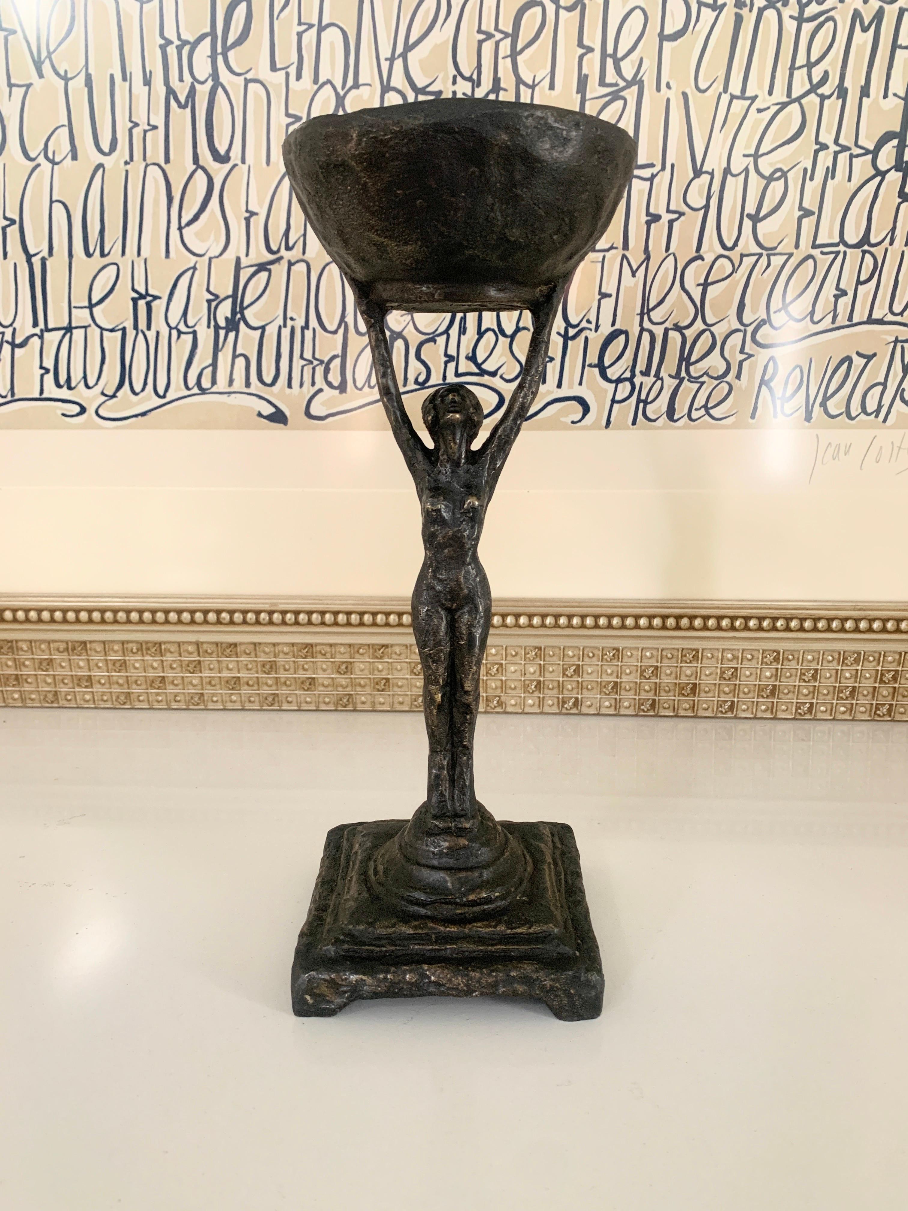 Bronze Deco Female Figure Holding a Cup In Good Condition For Sale In Los Angeles, CA