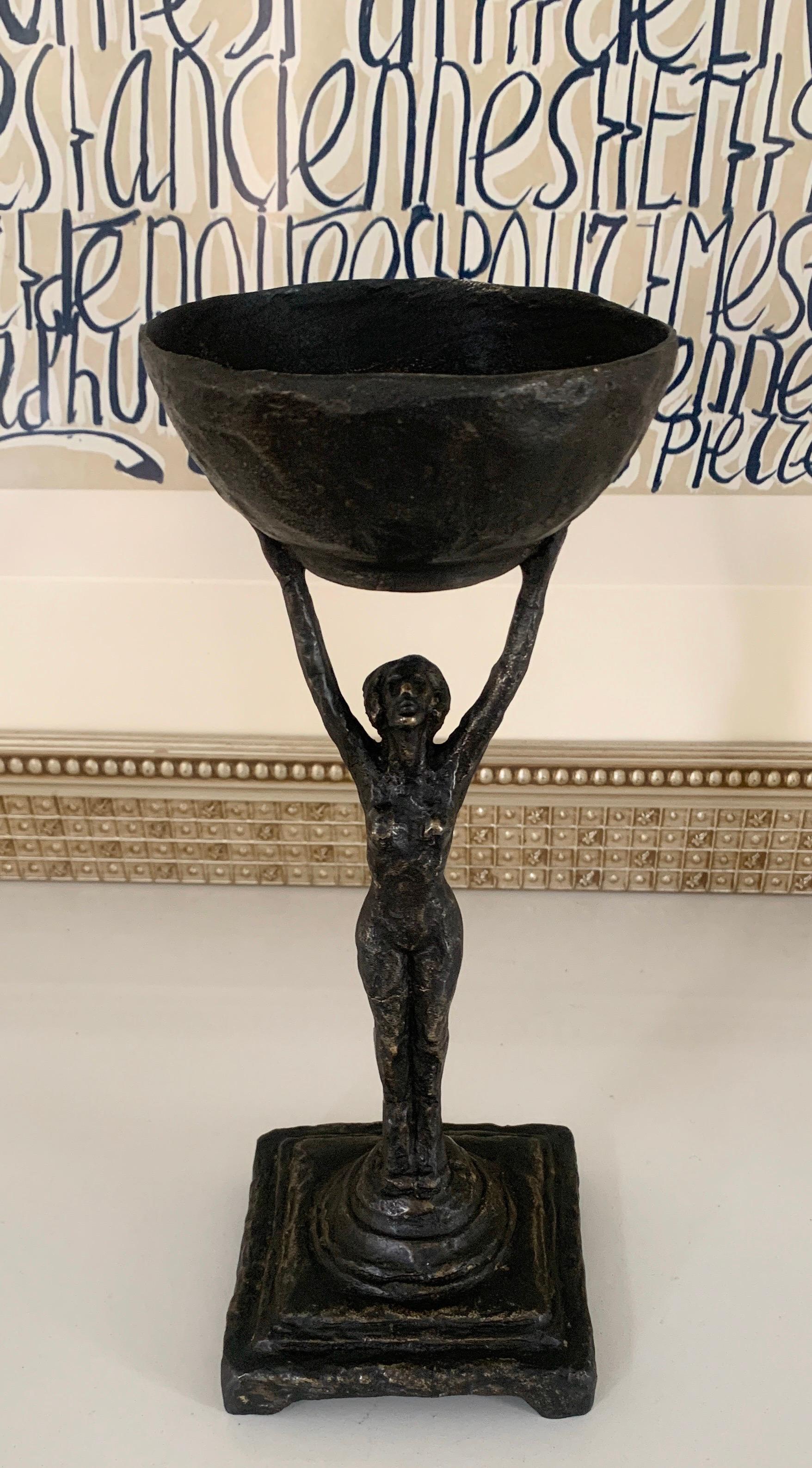 20th Century Bronze Deco Female Figure Holding a Cup For Sale