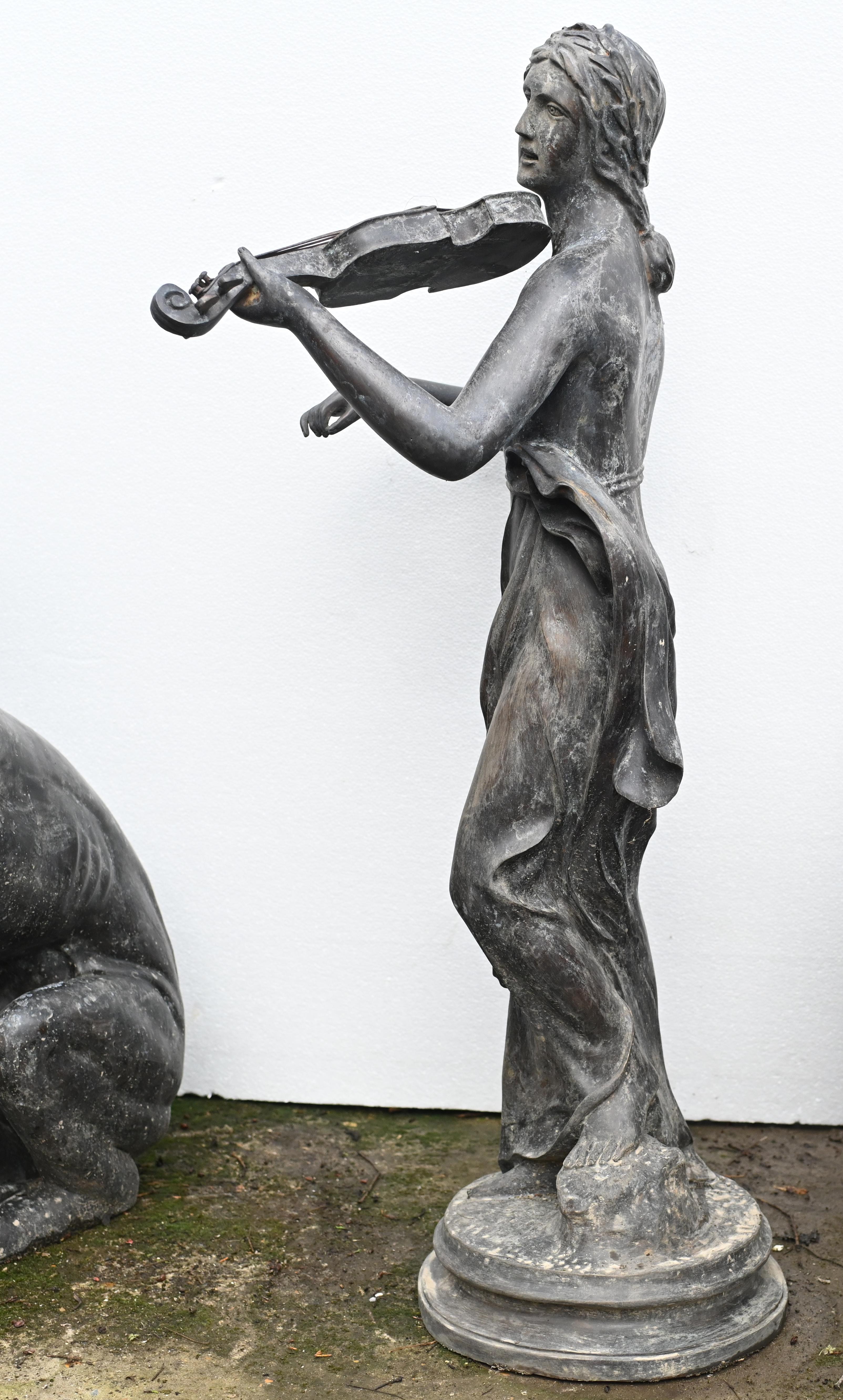 Late 20th Century Bronze Female Violinist Statue Roman Maiden Garden Art Violinist For Sale