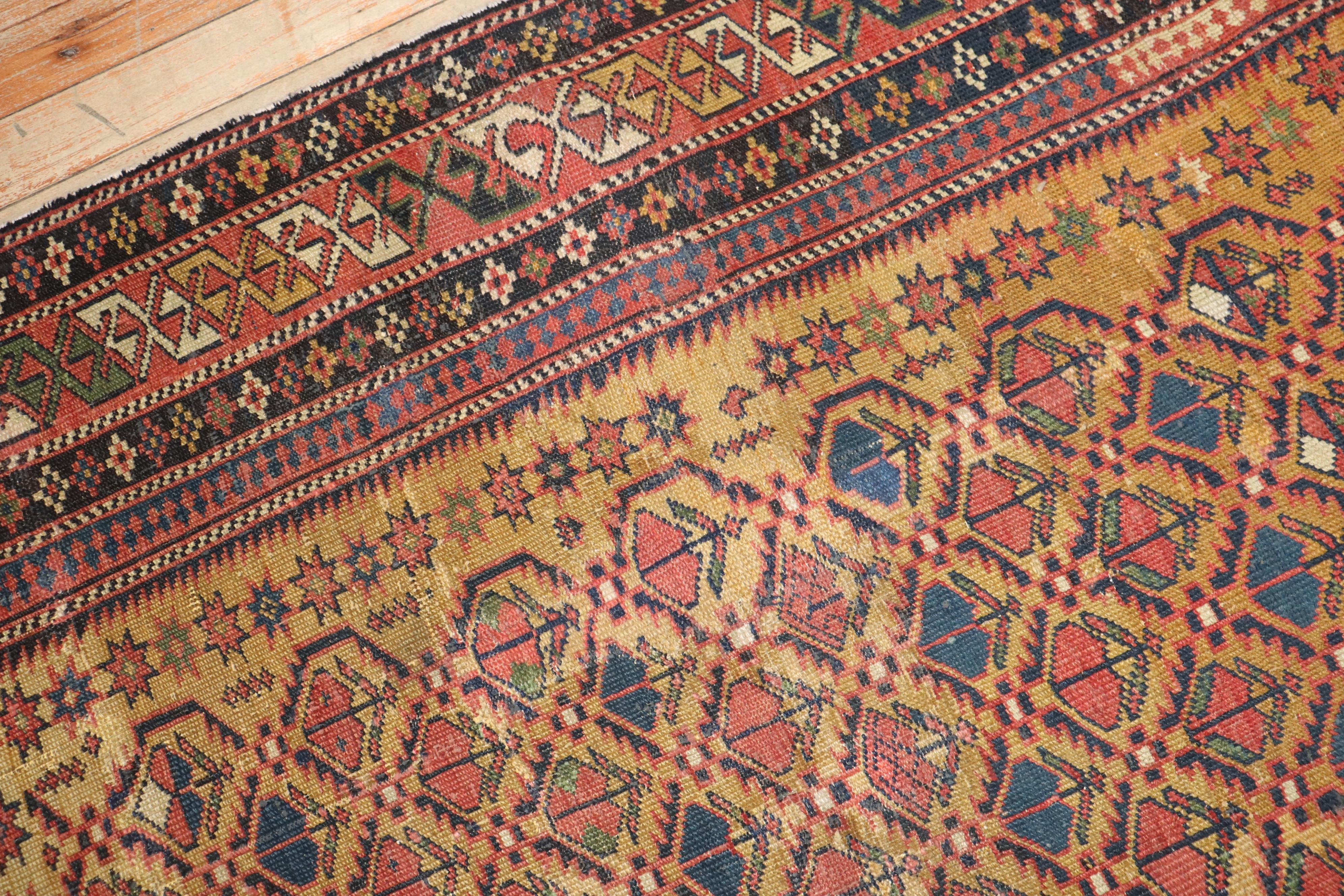 Wool Mustard Field Square Antique Caucasian Shirvan Late 19th Century Rug For Sale