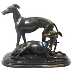 Bronze Figural Group Depicting Two Whippets at Rest, circa 1995