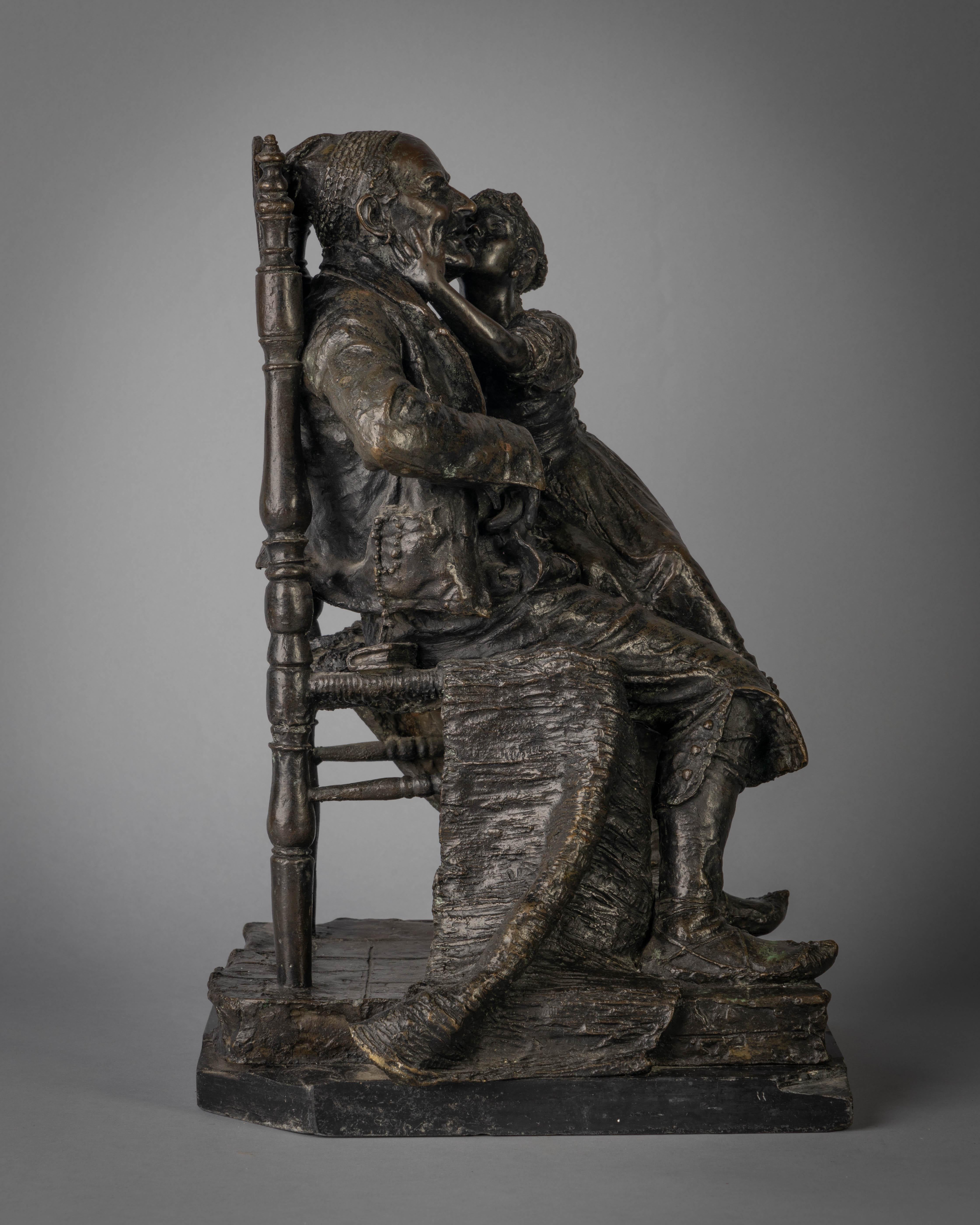 After a model by Constantino Barbella, late 19th century. The old man seated in a chair with the girl on his lap about to bestow him with a kiss, on a shaped square base. marked C. BARBELLA and it is signed in the mold C. Barbella Roma; the marble