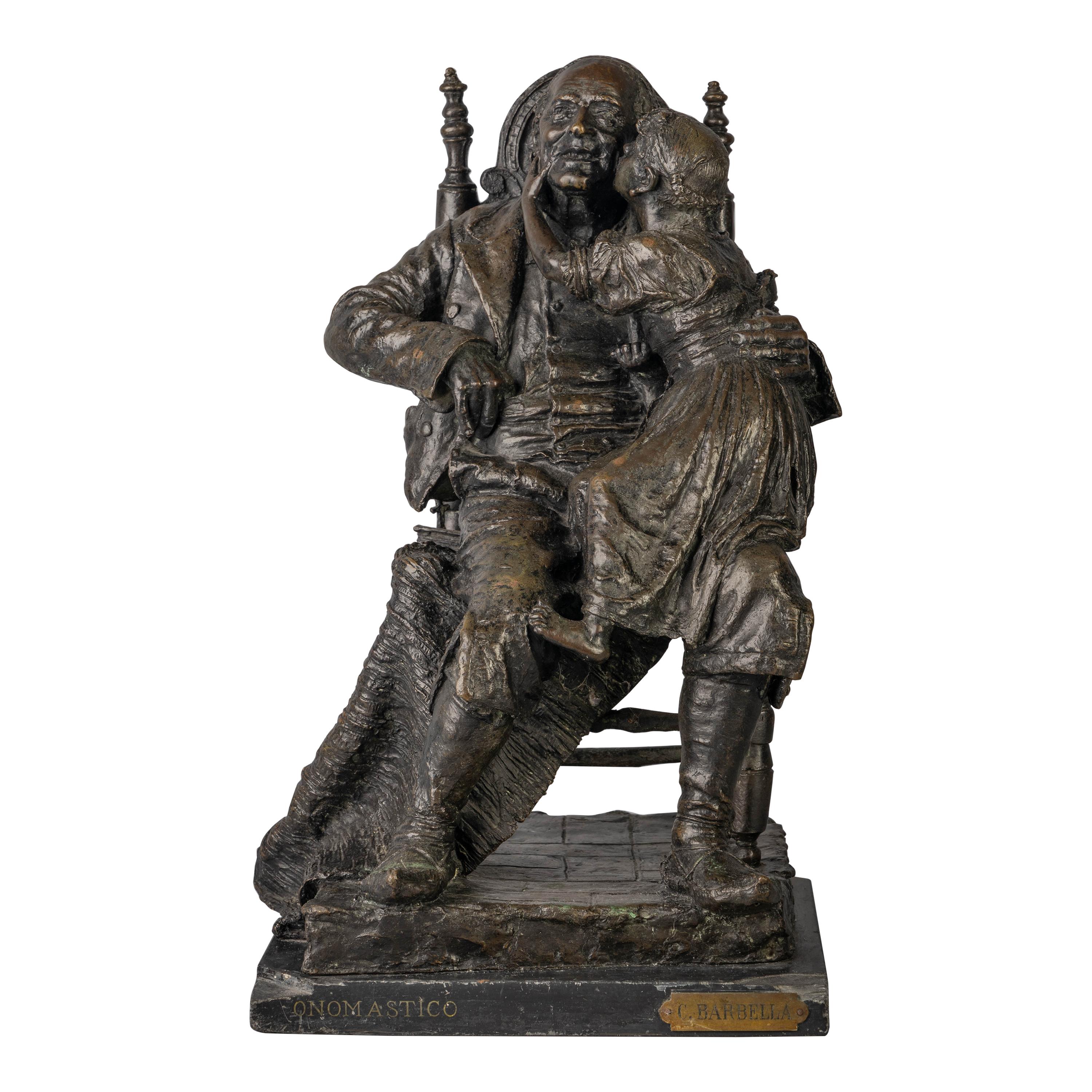 Bronze Figural Group of a Grandfather and a Girl Titled Onomastico For Sale