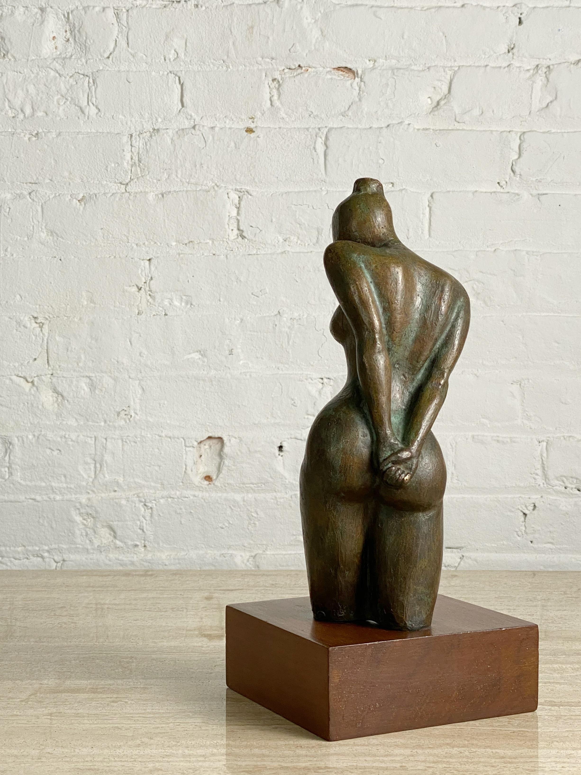 Bronze Figural Nude Sculpture on Wood Base In Good Condition In Brooklyn, NY