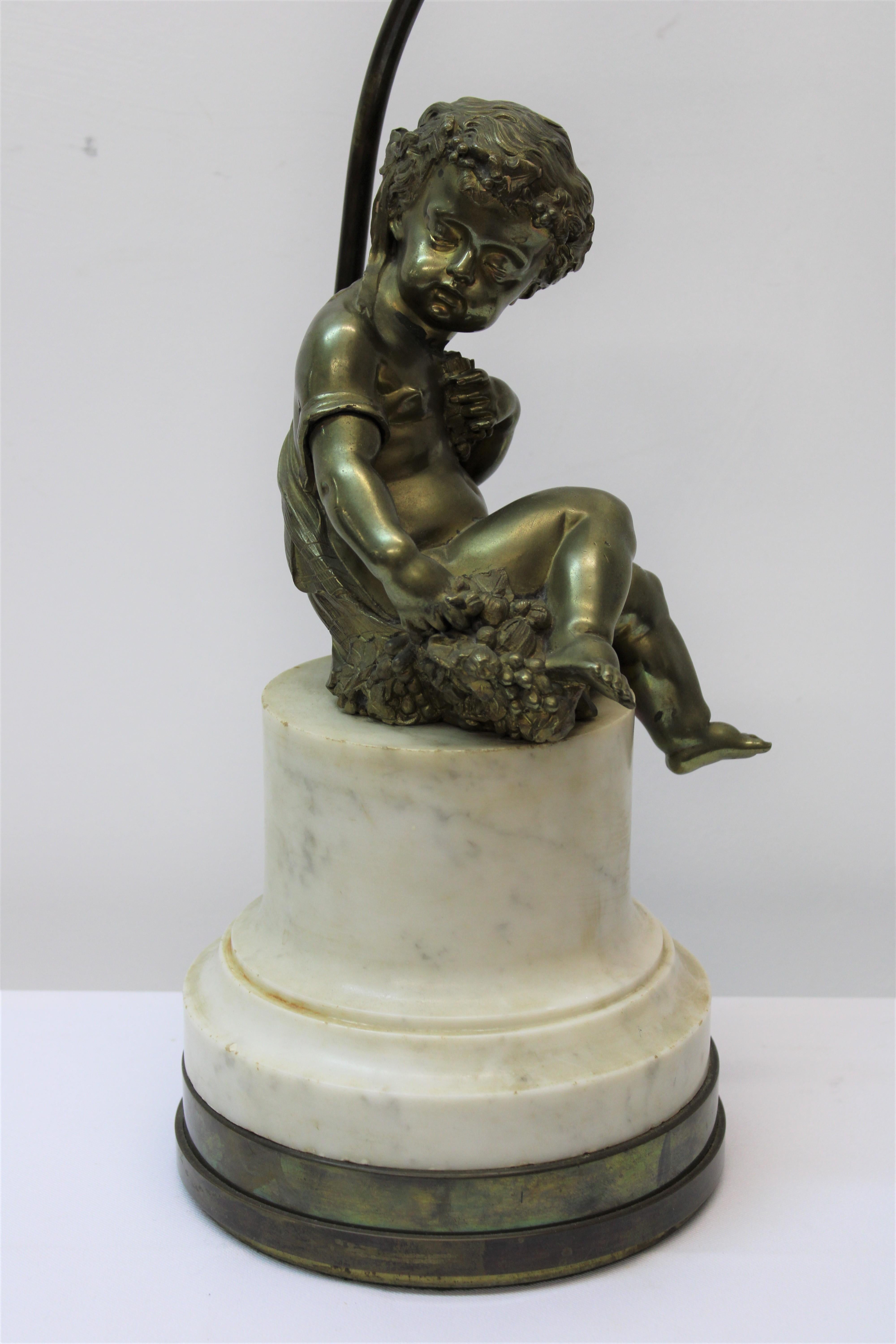 19th Century Bronze Figural Putti Table Lamp w/ Marble & Bronze Base For Sale