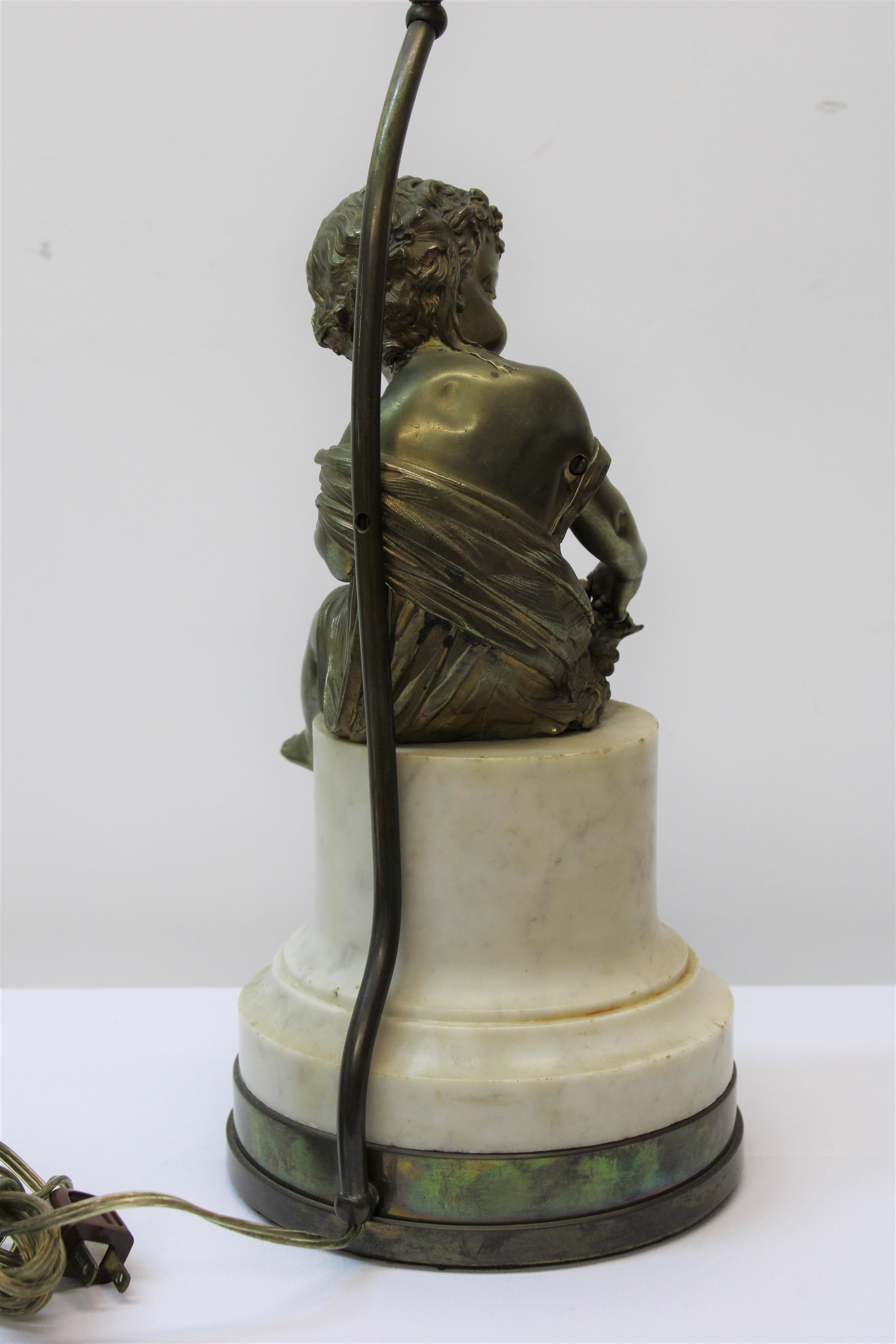 Bronze Figural Putti Table Lamp w/ Marble & Bronze Base For Sale 1