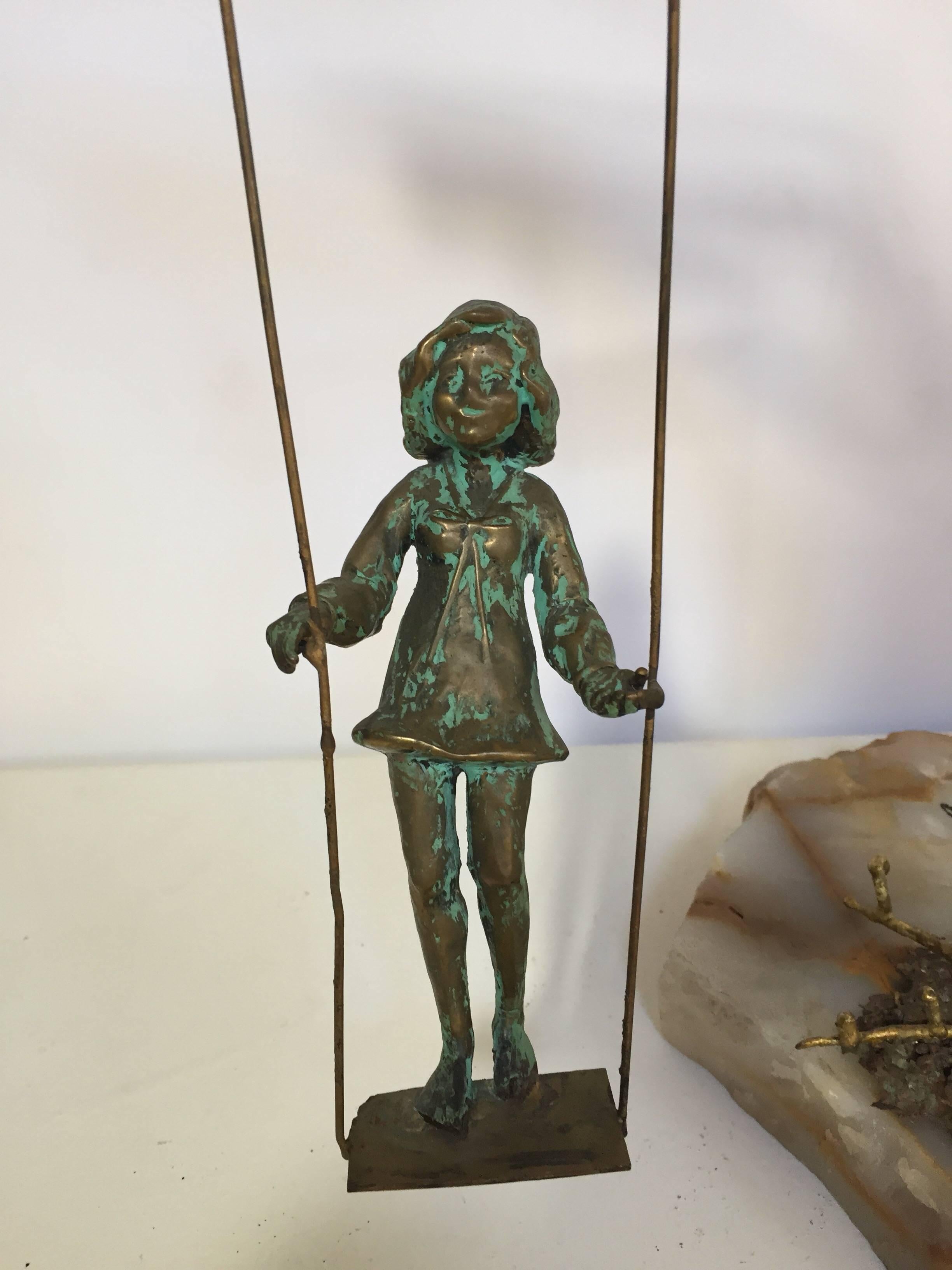 Bronze Figural Sculpted Girl Swinging from a Tree Branch on Marble Rock Base 3
