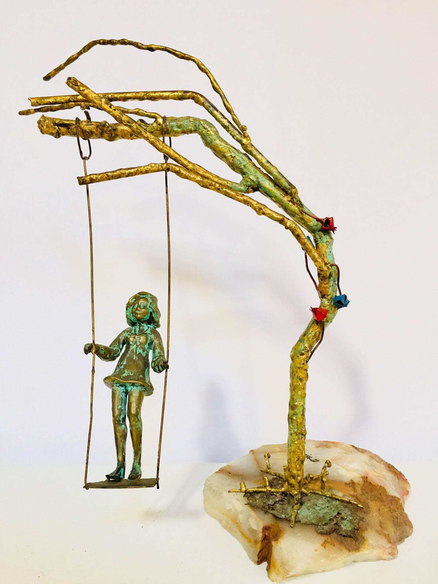 Bronze Figural Sculpted Girl Swinging from a Tree Branch on Marble Rock Base 4