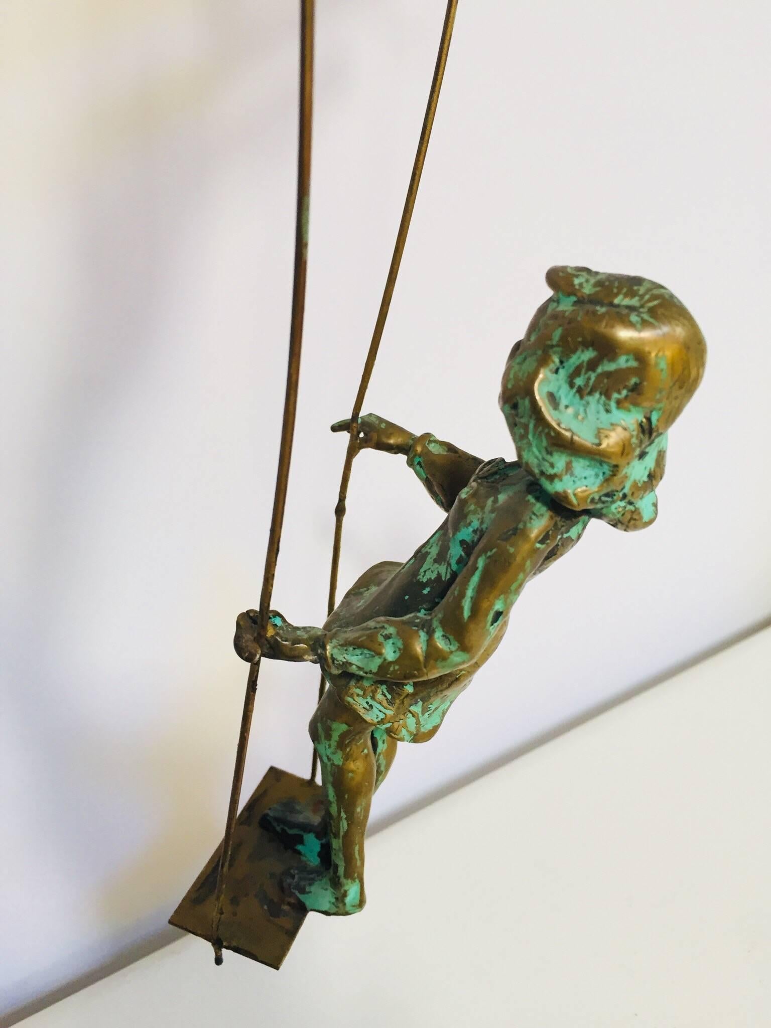 Bronze Figural Sculpted Girl Swinging from a Tree Branch on Marble Rock Base 5