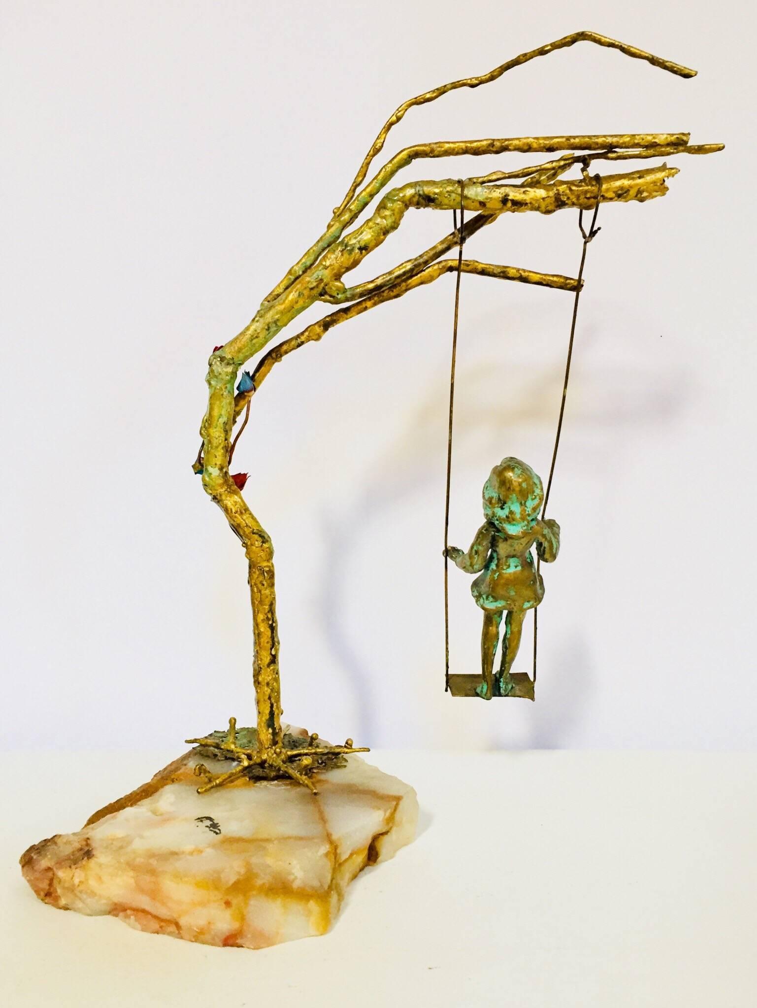 Bronze Figural Sculpted Girl Swinging from a Tree Branch on Marble Rock Base 7