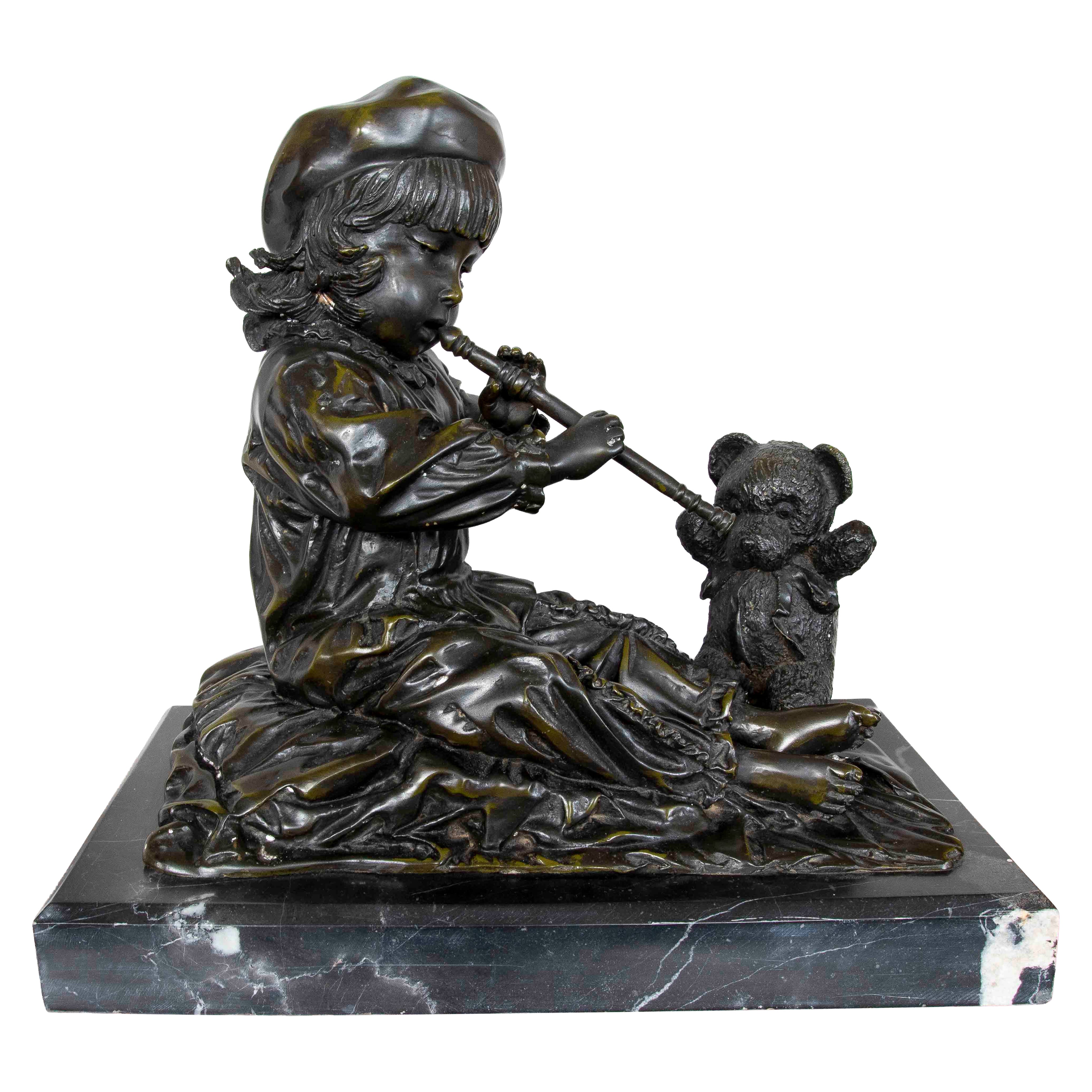 Bronze Figurative Sculpture of Boy Playing Flute with Bear, 1990 For Sale