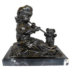 Bronze Figurative Sculpture of Boy Playing Flute with Bear, 1990