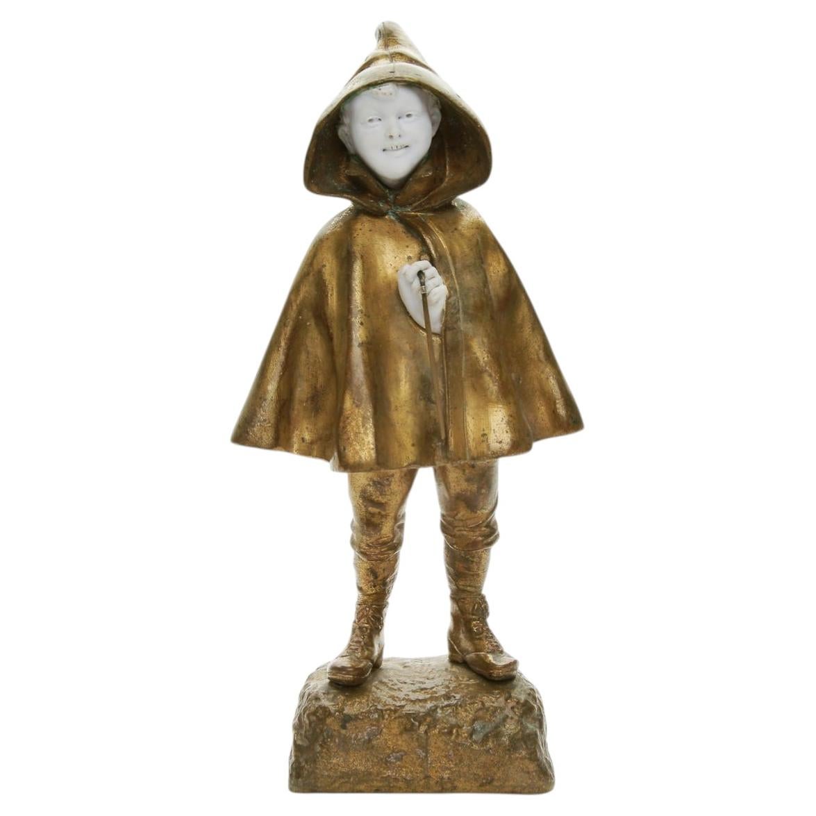 Bronze Figure "Boy in a Raincoat", France by Georges Omerth, 1910s - 1920s For Sale