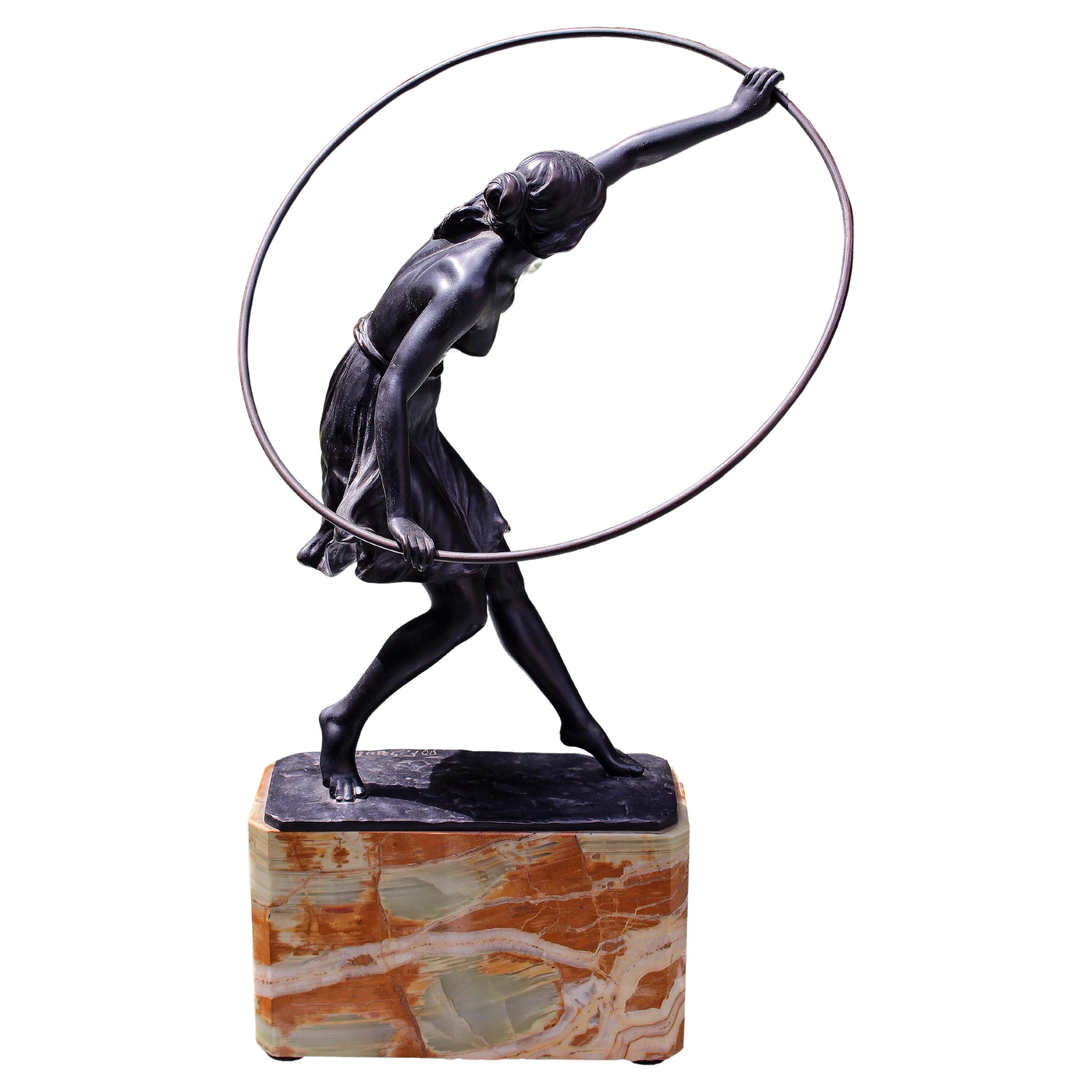Circa 1920 Bronze Figure "Dancer with Hoop" Signed F. Sautner on Marble Base