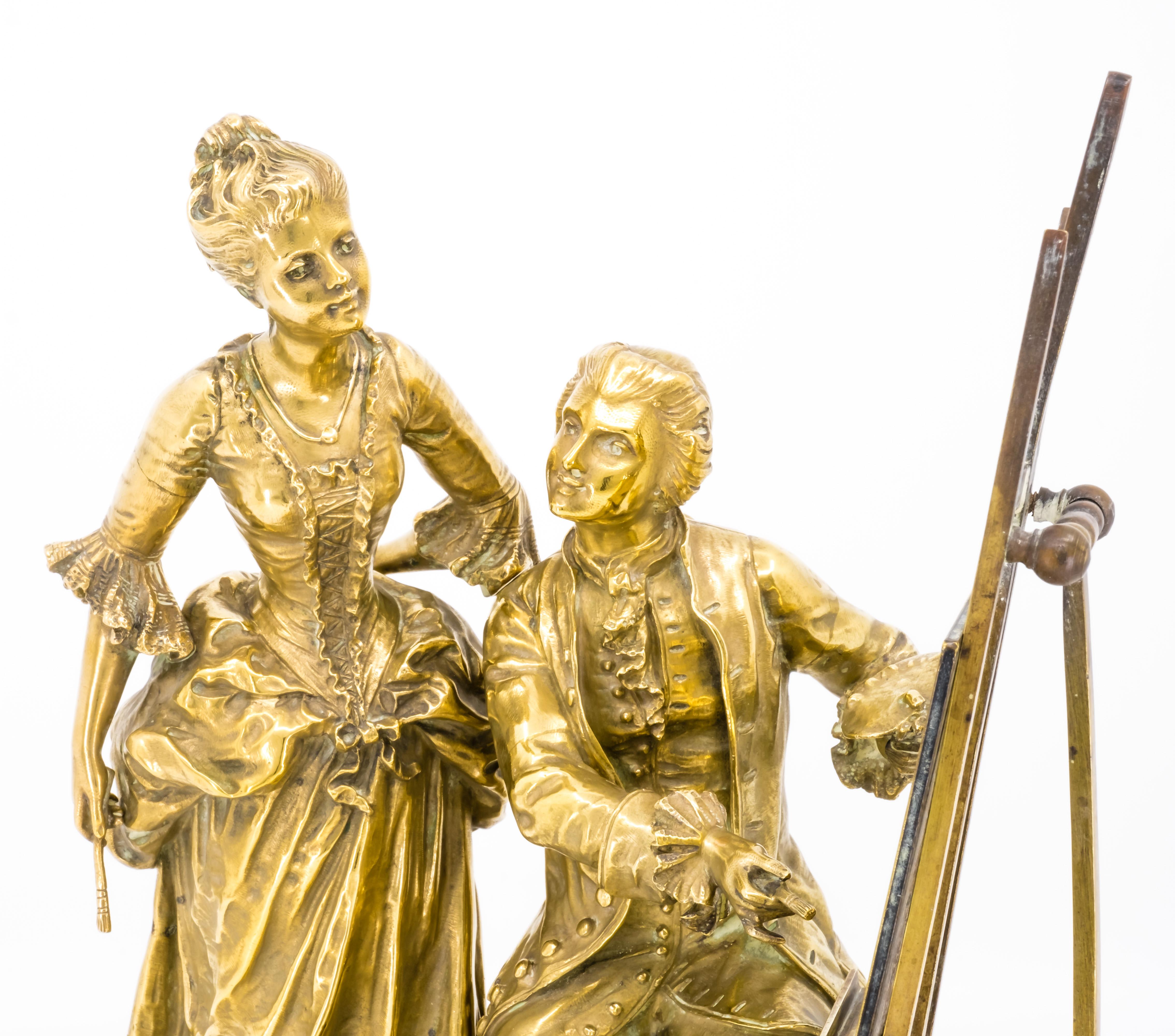 Französische Bronzegruppe des späten 19. Jahrhunderts mit einem Maler an seiner Staffelei und einer weiblichen Figur an seiner Seite.
Das Stück ist in gutem Zustand und hat eine schöne Patina.



Inklusive Versand 
Kostenlose und schnelle