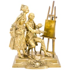 Antique Bronze Figure Group of a Painter with a Muse, Late 19th Century