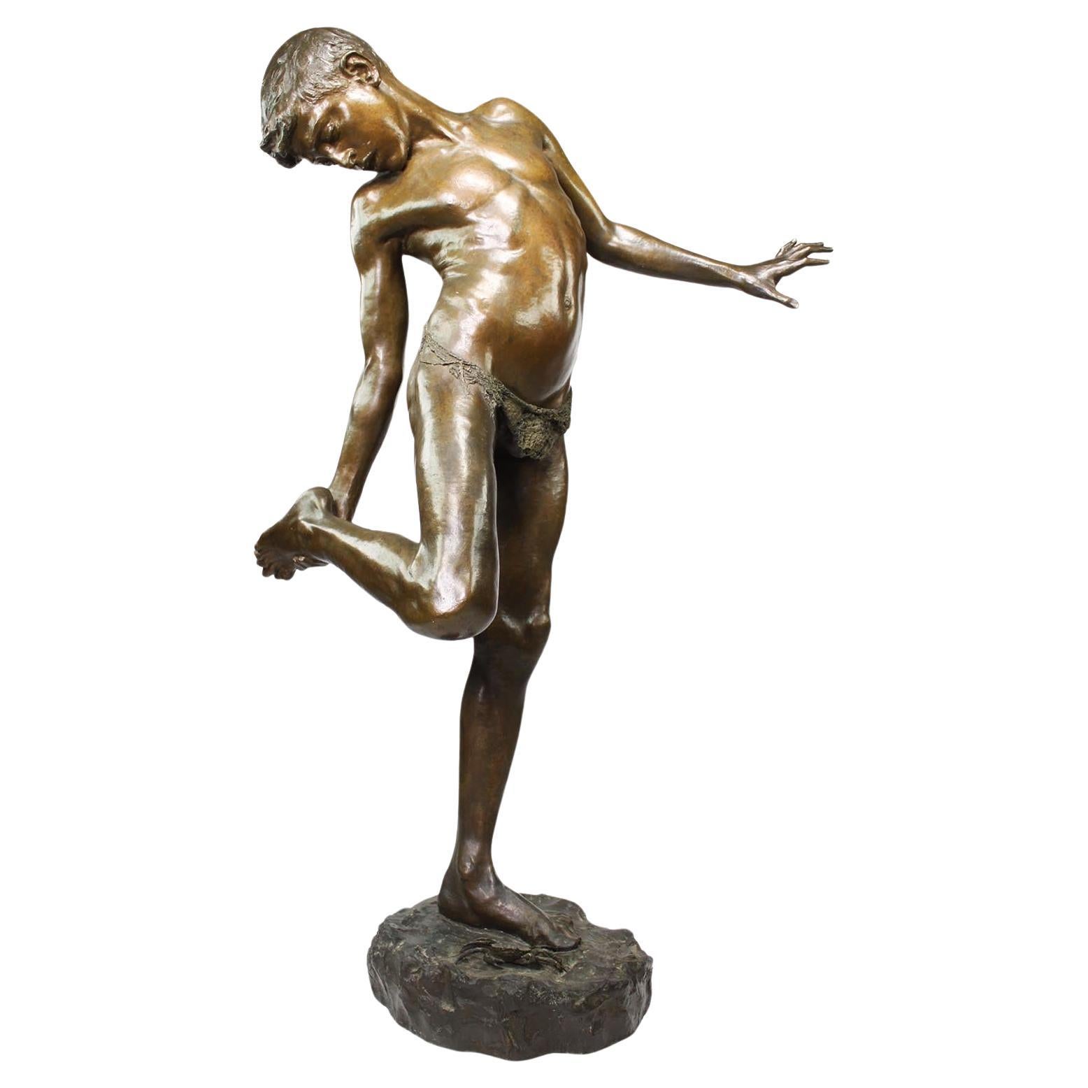 Bronze Figure of a Boy Stepped on Crab Titled "Il Granchio" by Annibale De Lotto For Sale