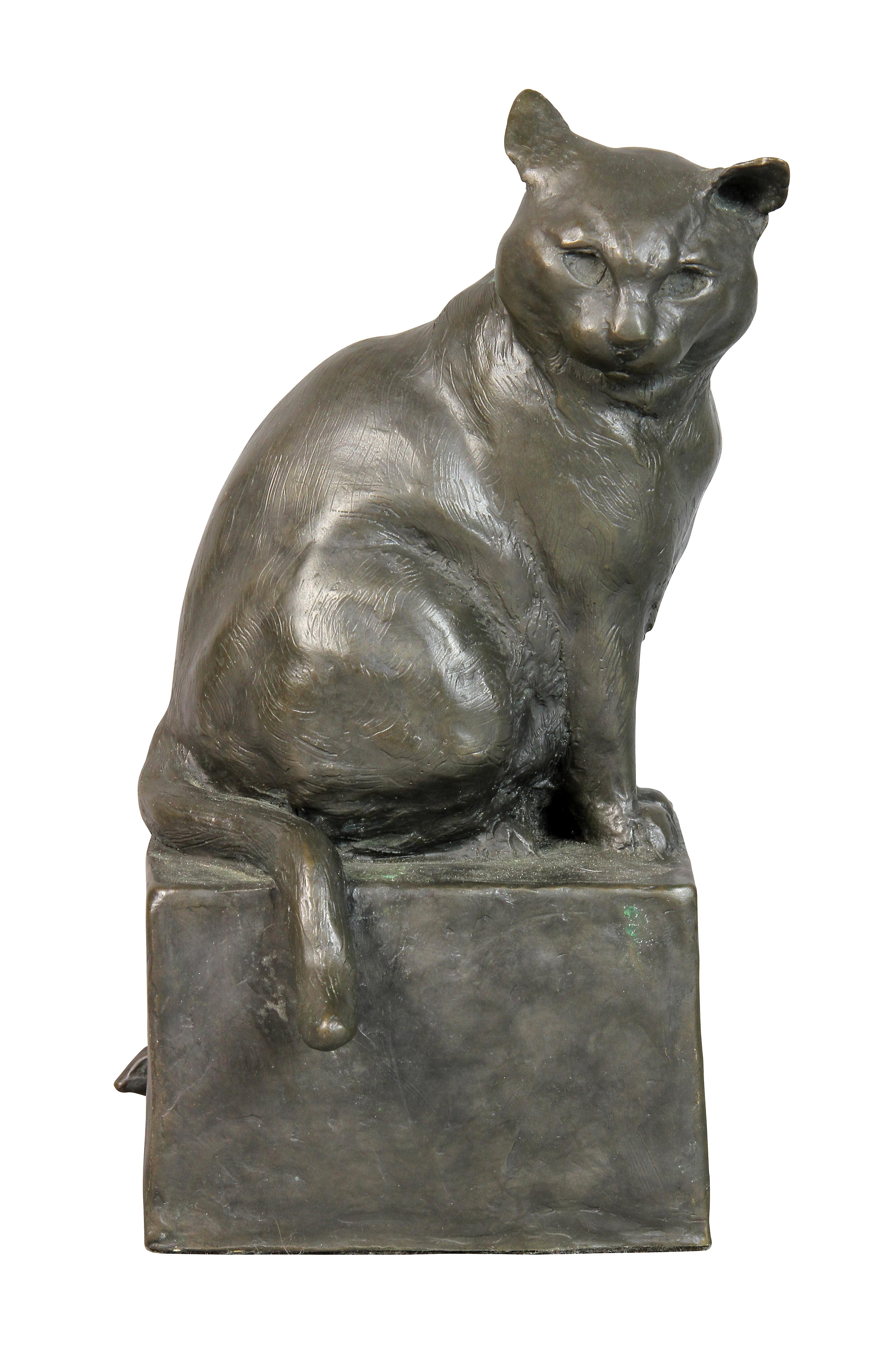 Seated cat with a mouse hiding by the base. Signed EM Leary 9 of 15.