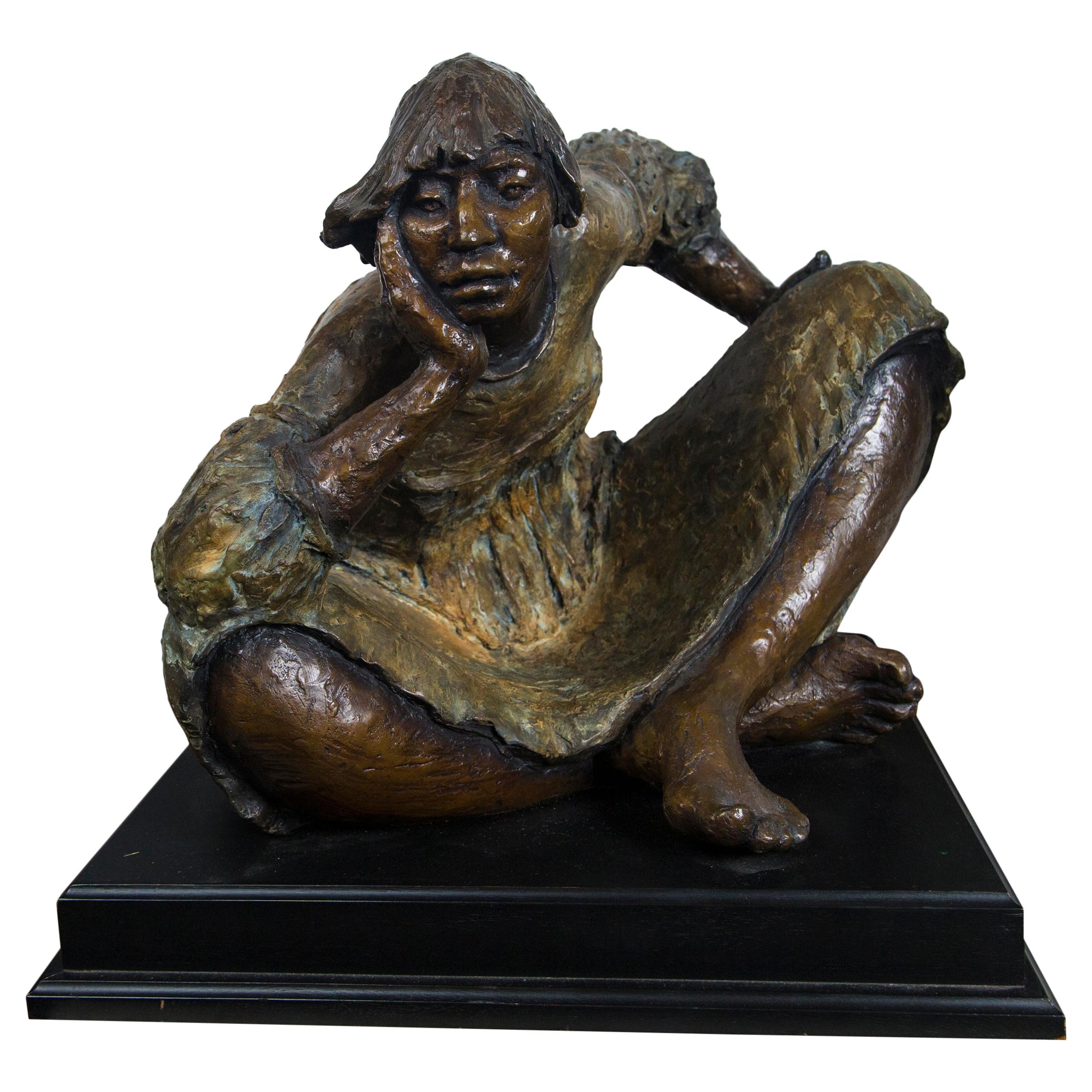 Bronze Figure of a Native American Woman, Signed For Sale
