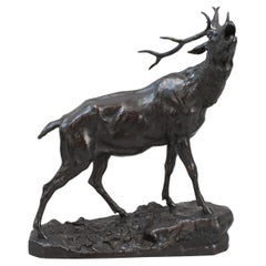 Antique Bronze Figure Of A Roaring Stag, C. Valton
