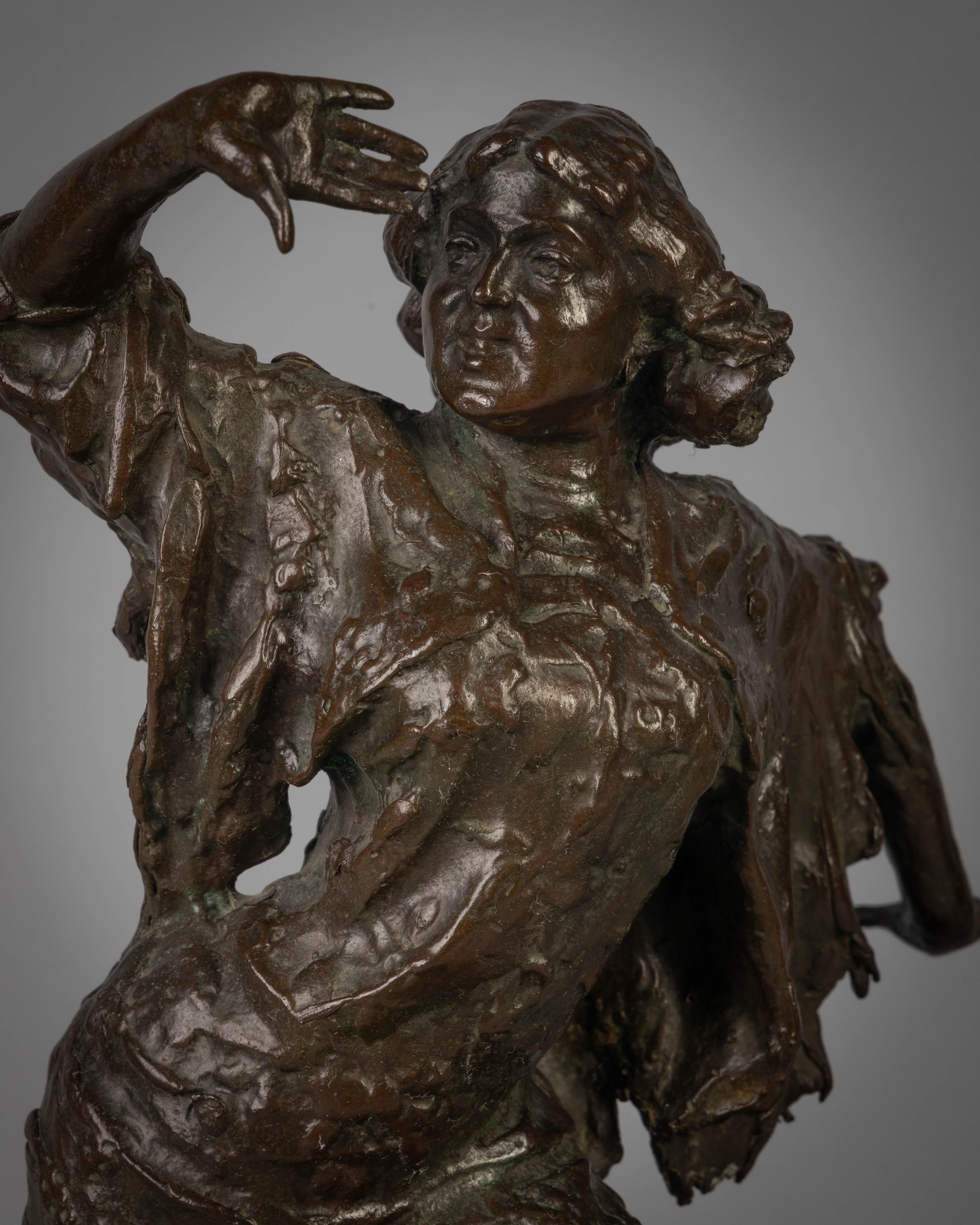 Modellata in una posa alta e che si protegge il viso con la mano, su una base rettangolare a gradini in marmo verde con l'iscrizione Caderra e il sigillo della Galleria Artistica, Perù, con l'ulteriore iscrizione FUNDICION-MORALES BARCELONA.