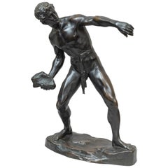 Figure en bronze d'un homme fort lançant une pierre:: signée par l'artiste Lugerth:: vers 1900